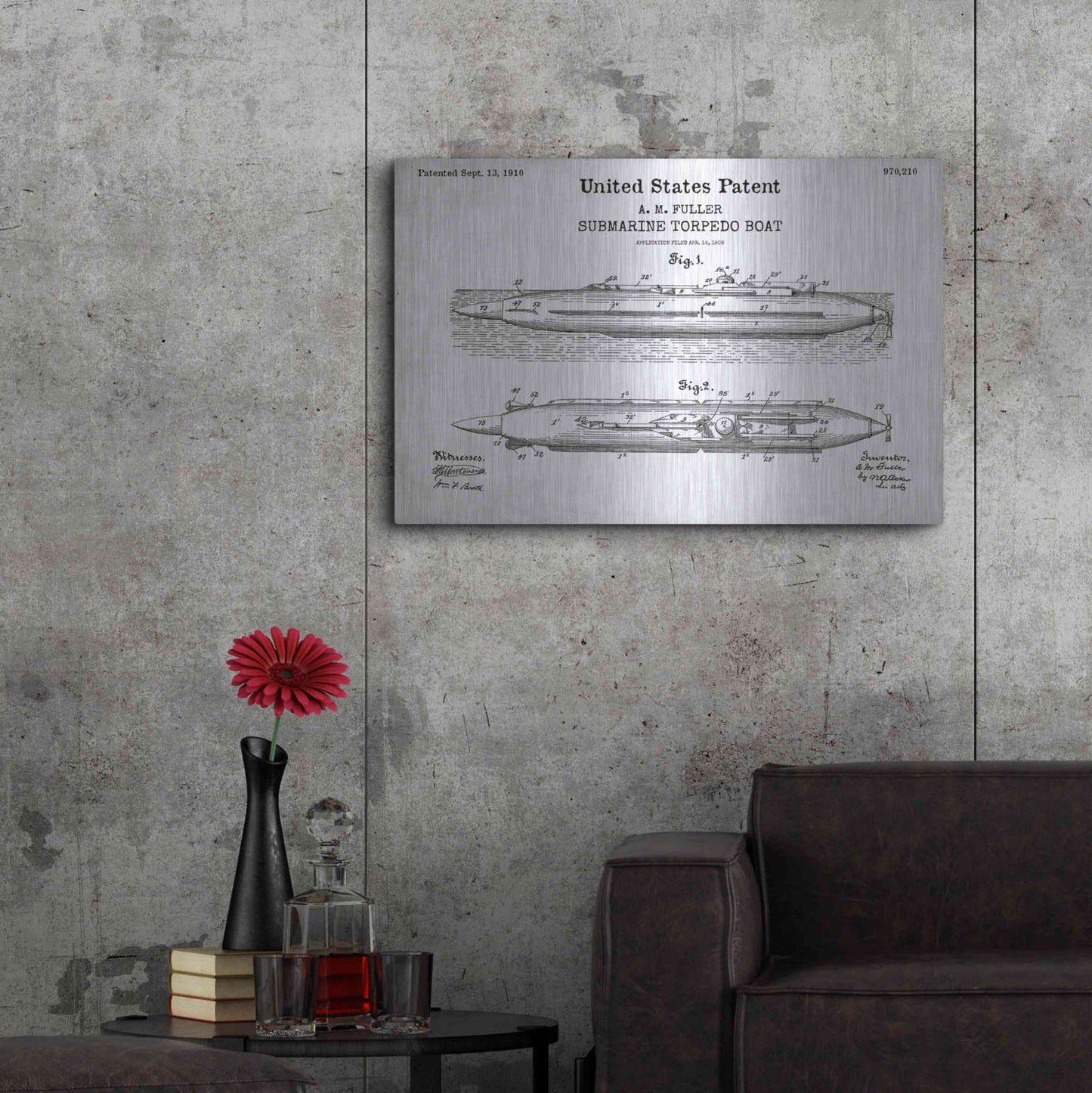 Luxe Metal Art 'Submarine Torpedo Boat Blueprint Patent White' Acrylic Glass Wall Art,36x24