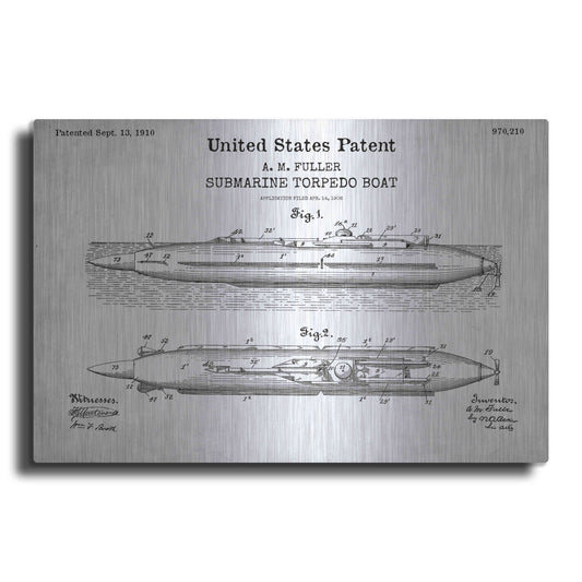 Luxe Metal Art 'Submarine Torpedo Boat Blueprint Patent White' Acrylic Glass Wall Art