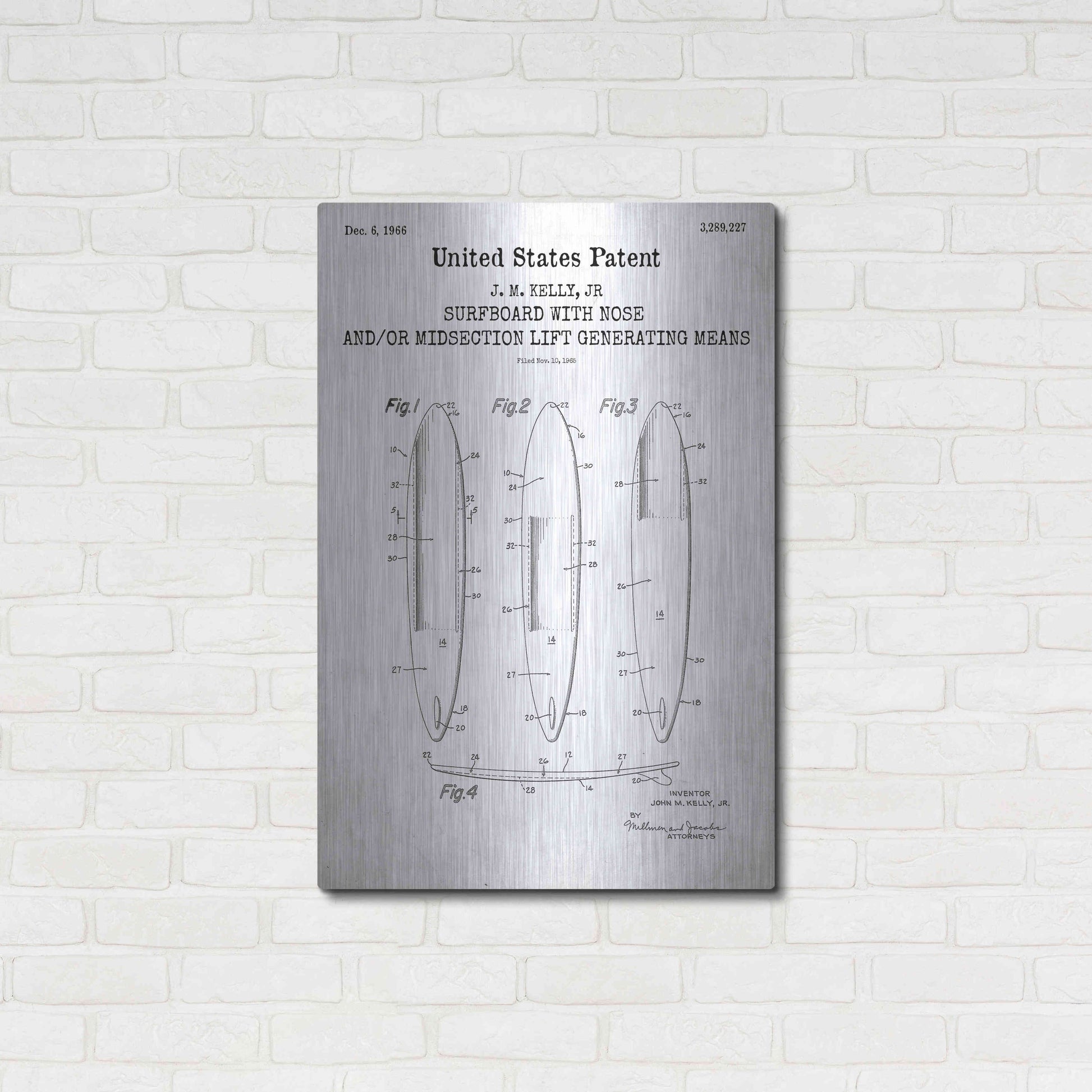 Luxe Metal Art 'Surfboard with nose Blueprint Patent White' Acrylic Glass Wall Art,24x36