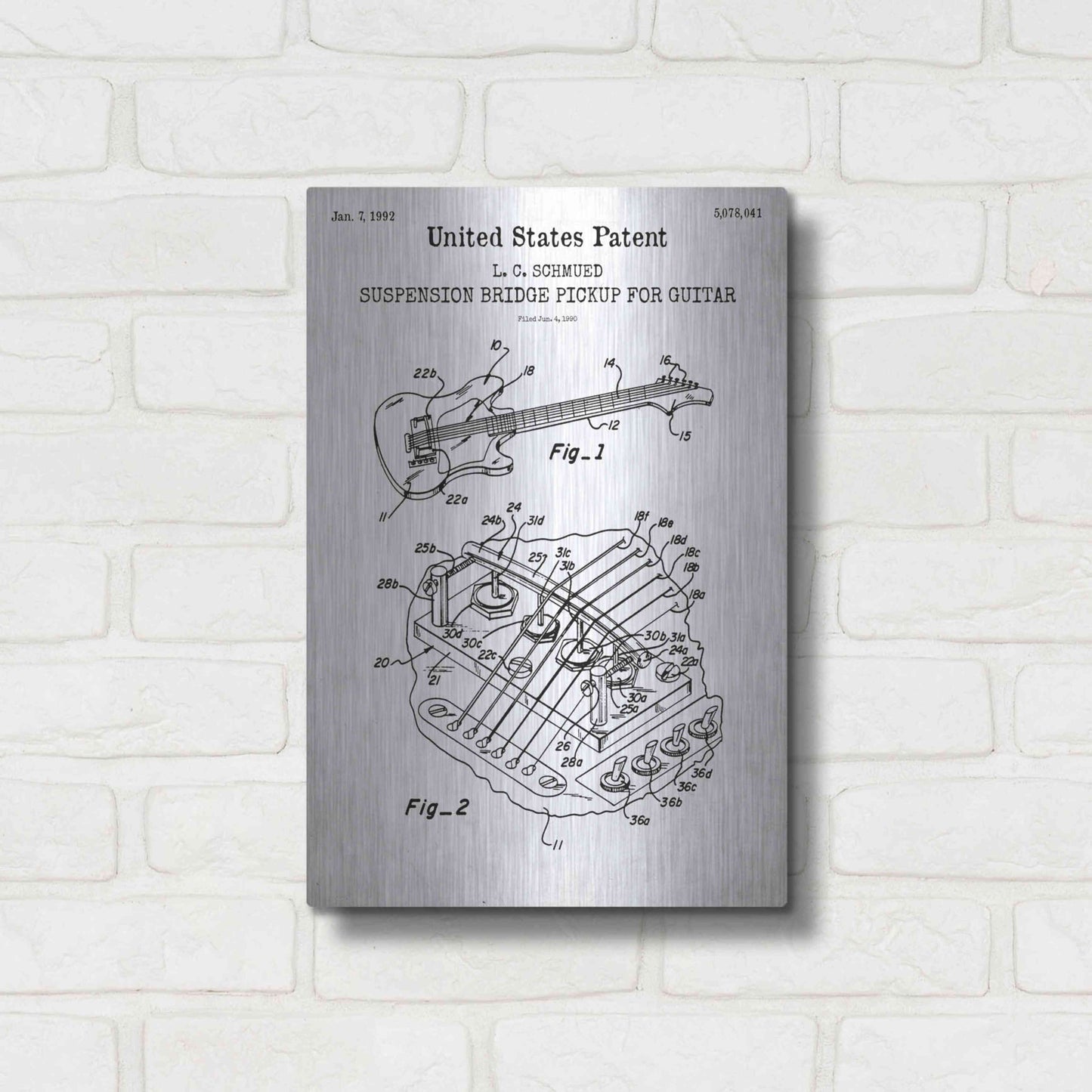 Luxe Metal Art 'Suspension Bridge Pickup for Guitar Blueprint Patent White' Acrylic Glass Wall Art,12x16