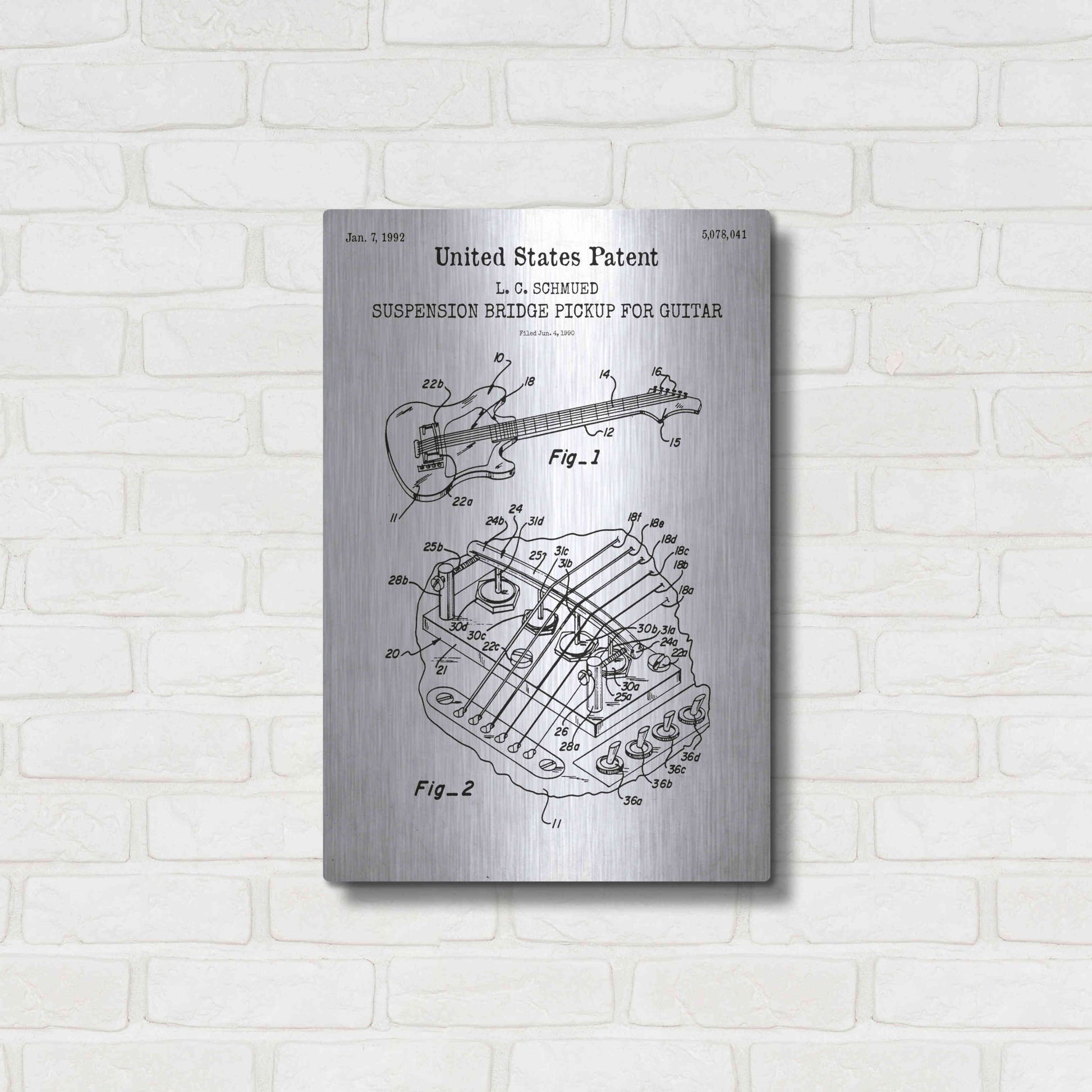 Luxe Metal Art 'Suspension Bridge Pickup for Guitar Blueprint Patent White' Acrylic Glass Wall Art,16x24