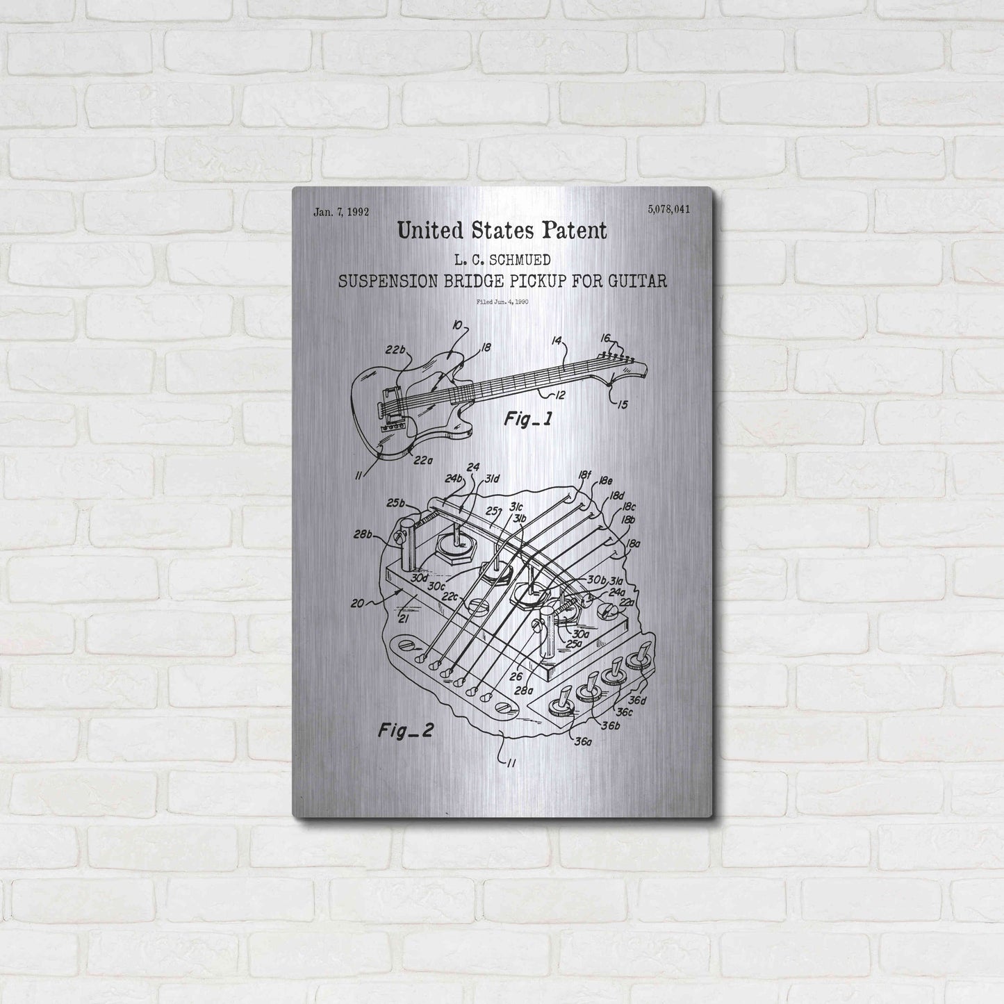 Luxe Metal Art 'Suspension Bridge Pickup for Guitar Blueprint Patent White' Acrylic Glass Wall Art,24x36