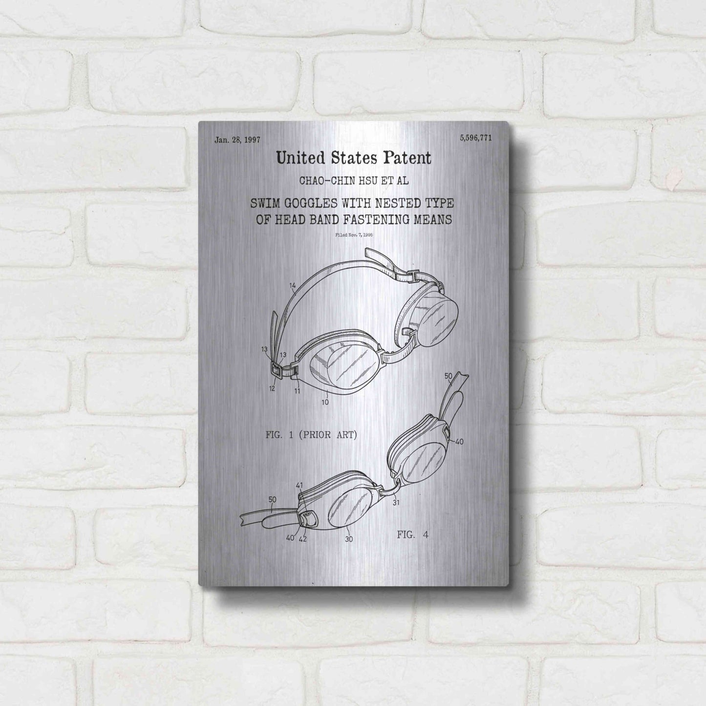 Luxe Metal Art 'Swim Goggles Blueprint Patent White' Acrylic Glass Wall Art,12x16