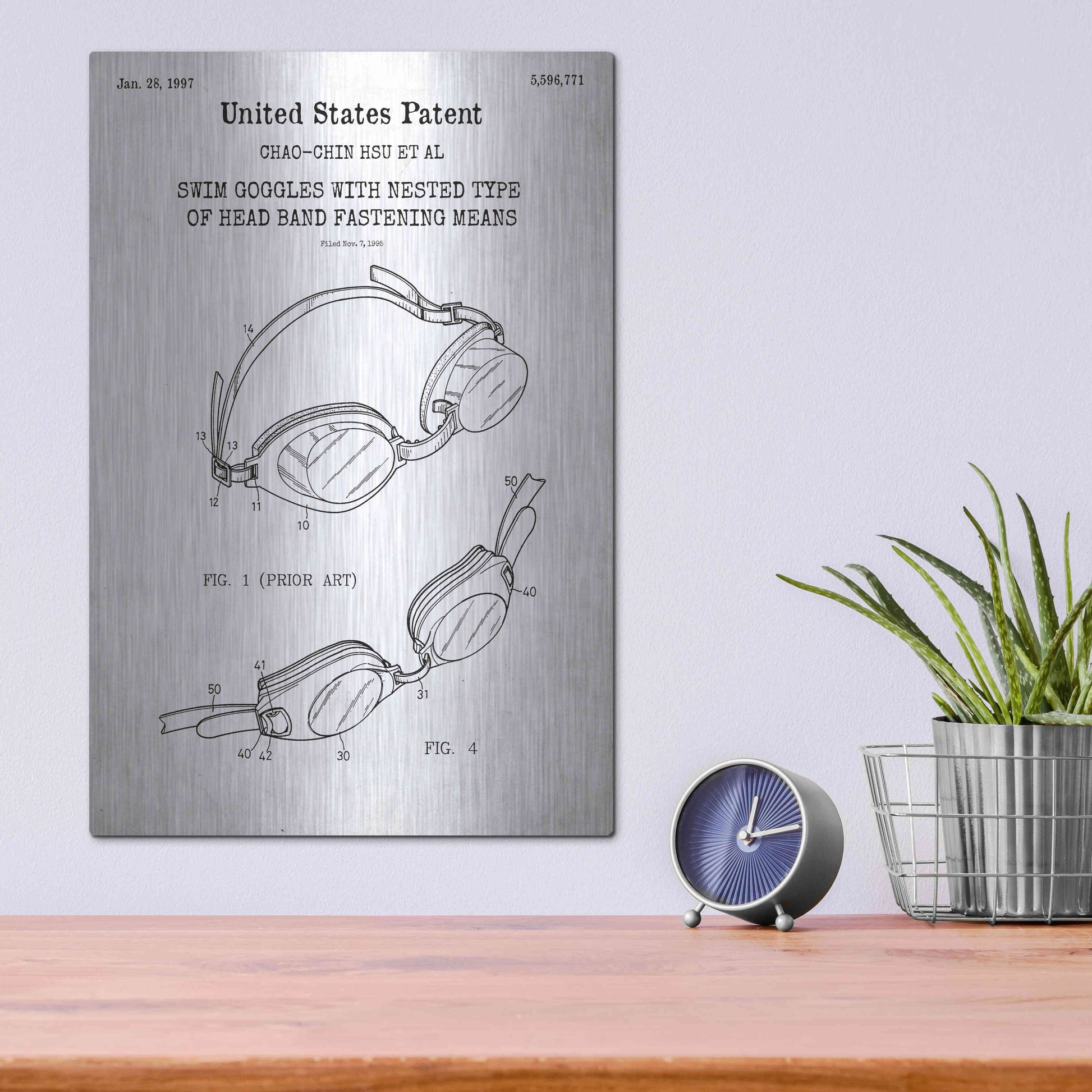 Luxe Metal Art 'Swim Goggles Blueprint Patent White' Acrylic Glass Wall Art,12x16