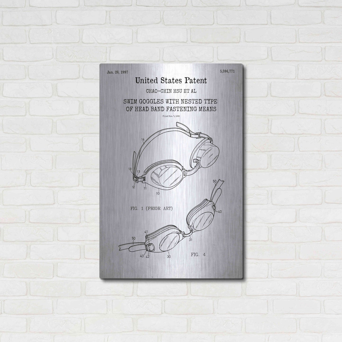 Luxe Metal Art 'Swim Goggles Blueprint Patent White' Acrylic Glass Wall Art,24x36