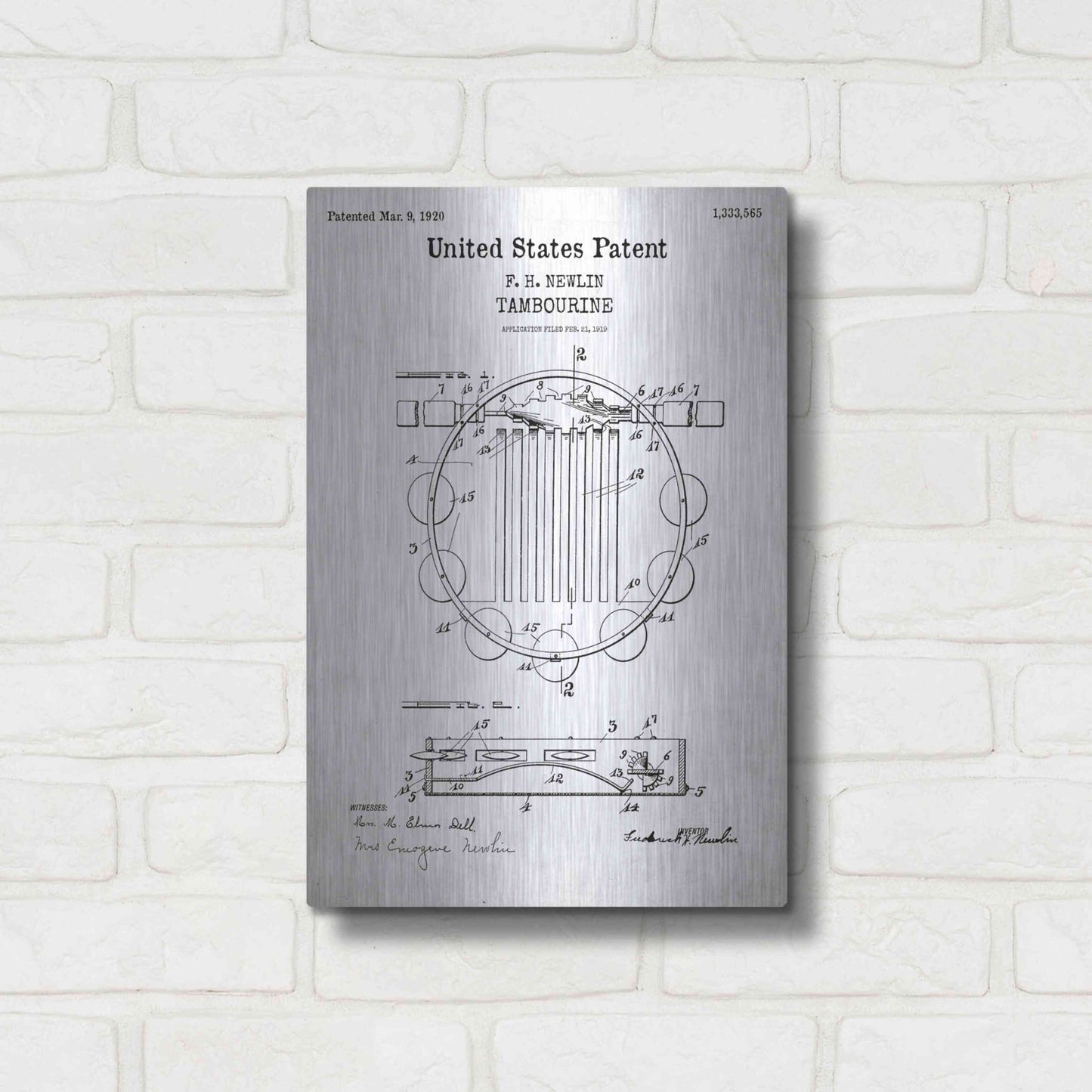 Luxe Metal Art 'Tambourine Blueprint Patent White' Acrylic Glass Wall Art,12x16