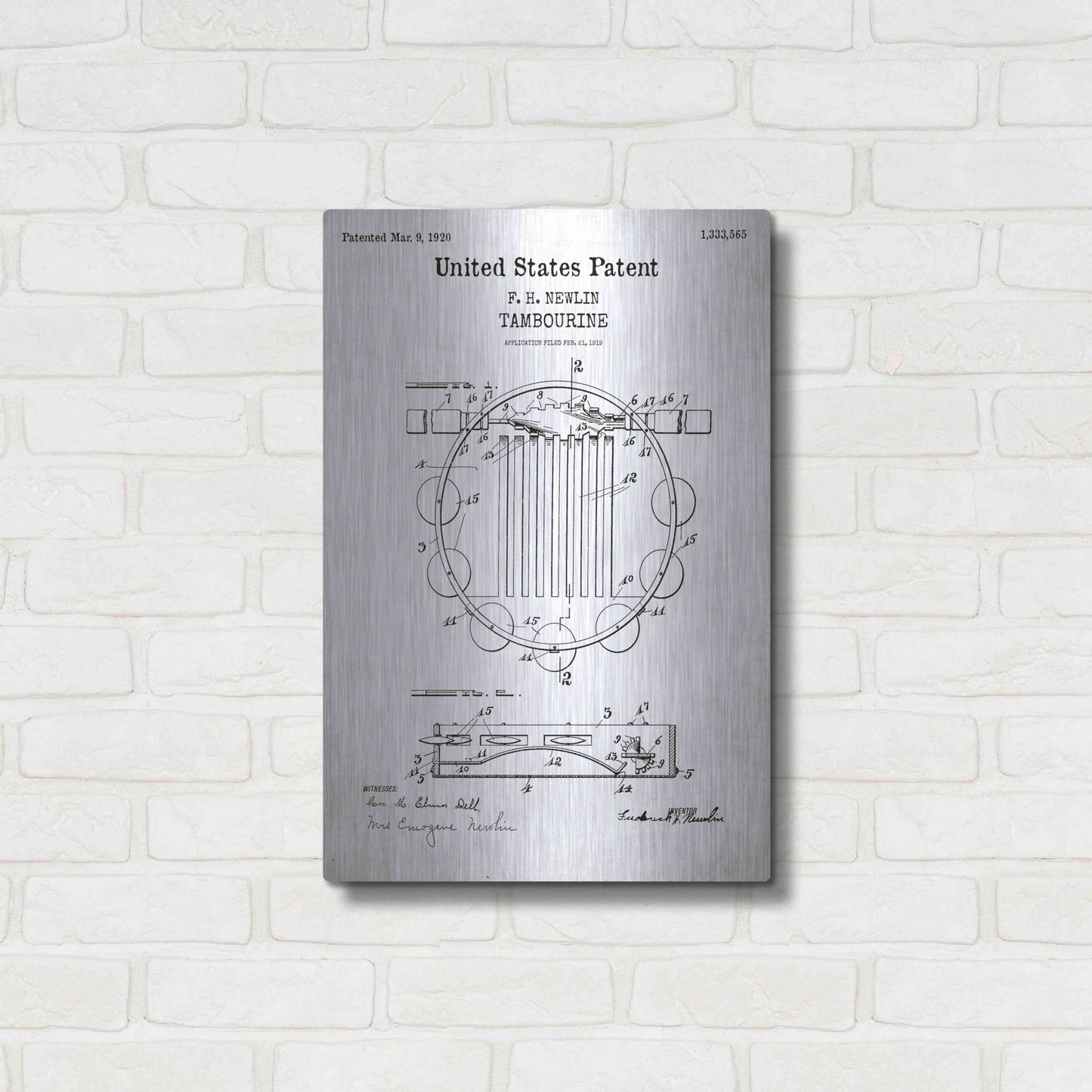 Luxe Metal Art 'Tambourine Blueprint Patent White' Acrylic Glass Wall Art,16x24