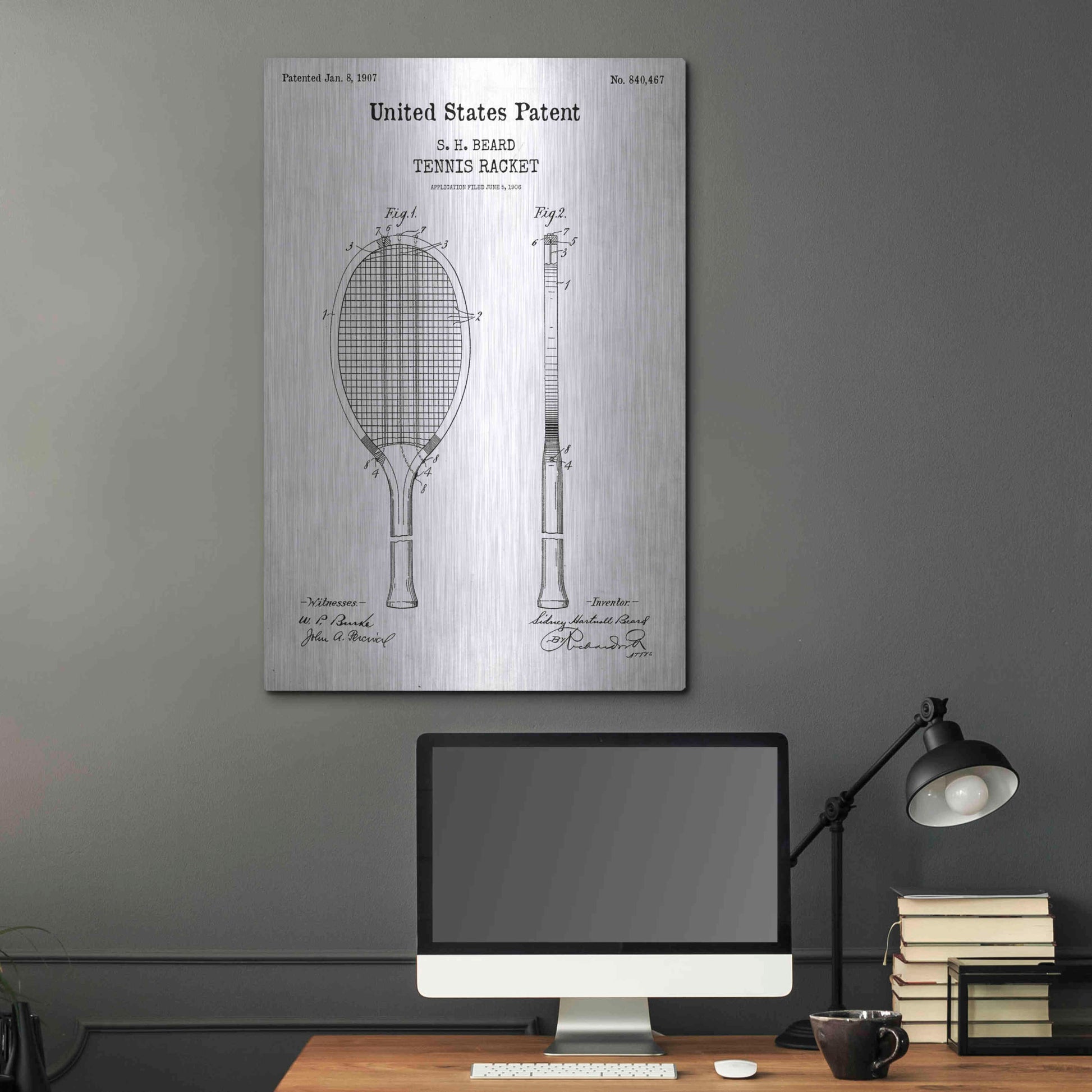 Luxe Metal Art 'Tennis Racket Blueprint Patent White' Acrylic Glass Wall Art,24x36