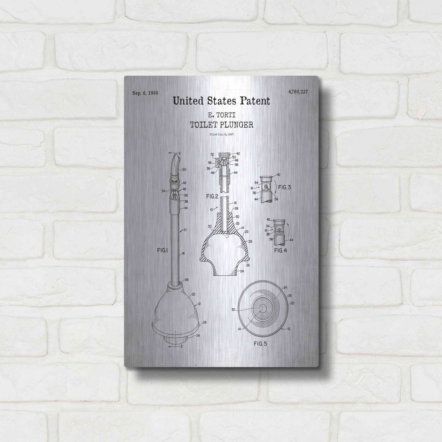 Luxe Metal Art 'Toilet Plunger Blueprint Patent White' Acrylic Glass Wall Art,12x16