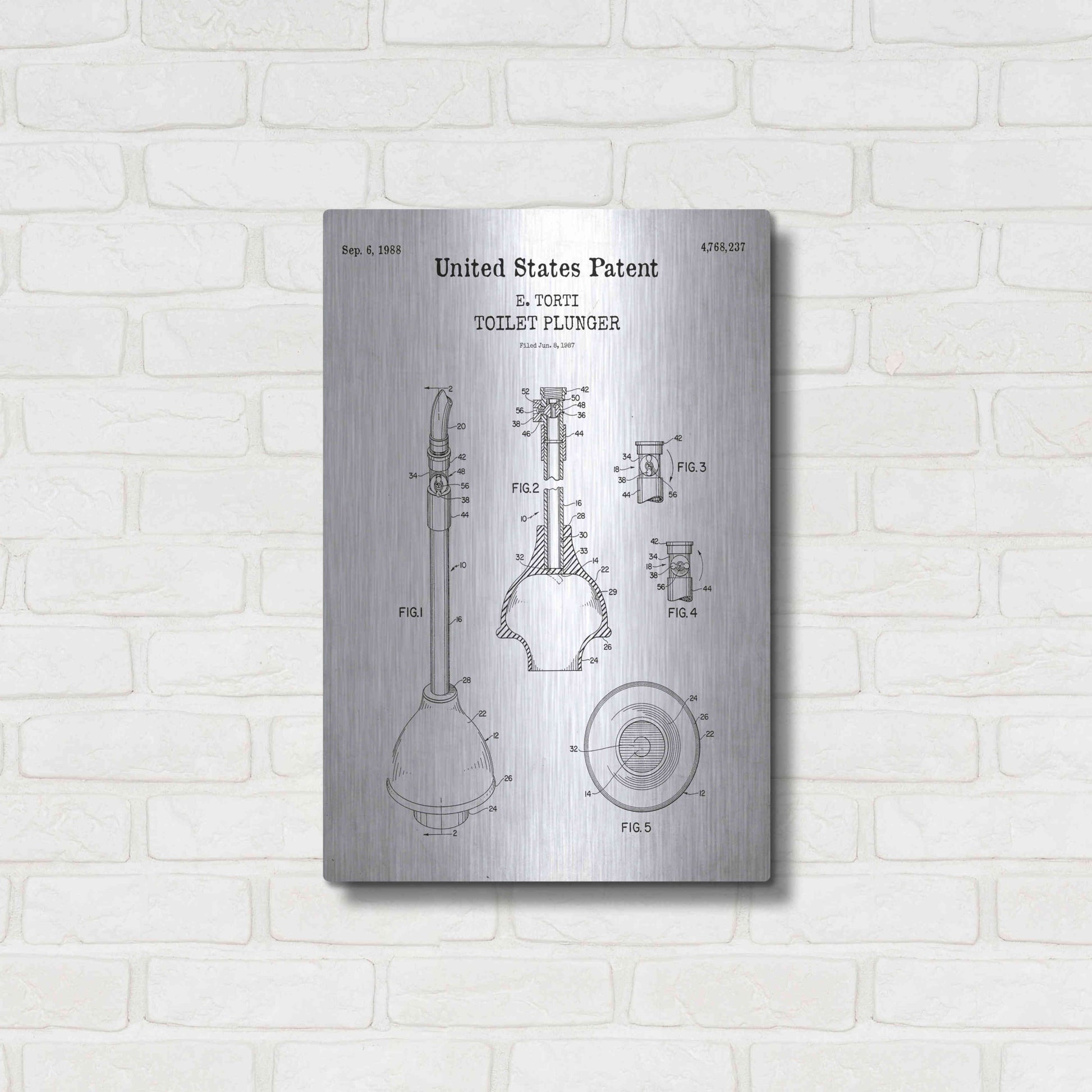 Luxe Metal Art 'Toilet Plunger Blueprint Patent White' Acrylic Glass Wall Art,16x24