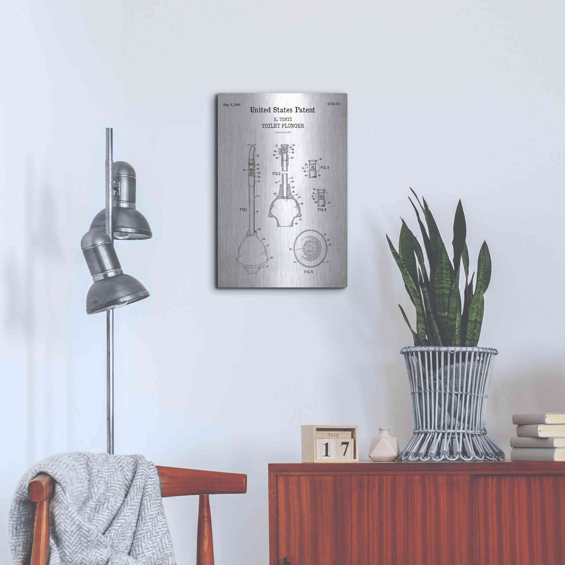 Luxe Metal Art 'Toilet Plunger Blueprint Patent White' Acrylic Glass Wall Art,16x24