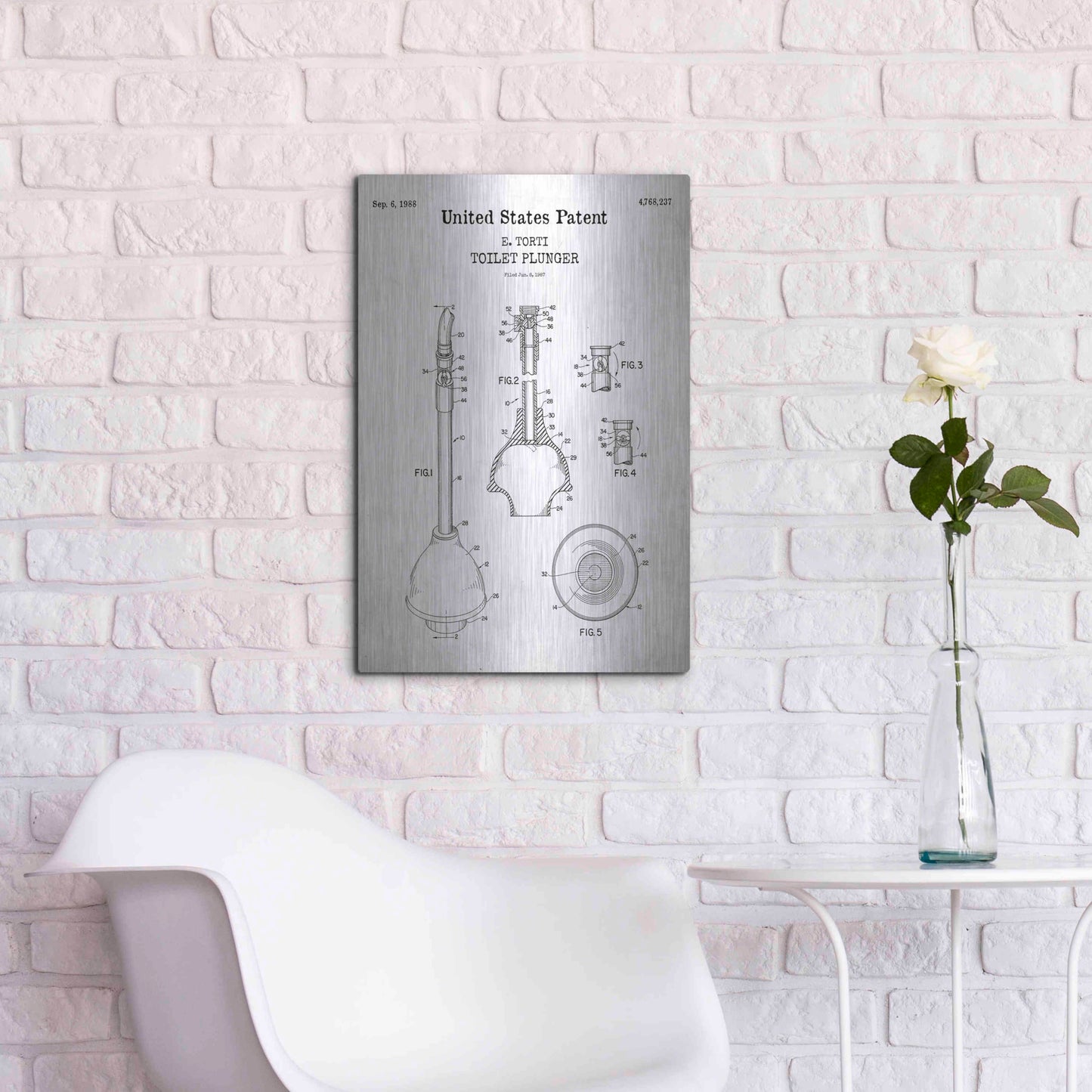 Luxe Metal Art 'Toilet Plunger Blueprint Patent White' Acrylic Glass Wall Art,16x24