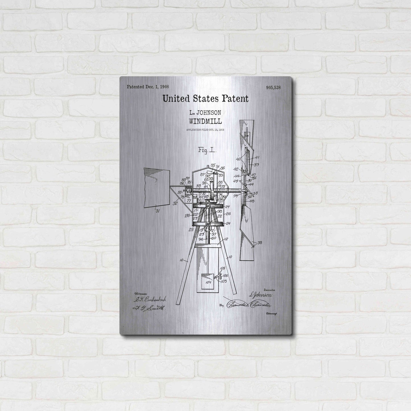 Luxe Metal Art 'Windmill Blueprint Patent White' Acrylic Glass Wall Art,24x36