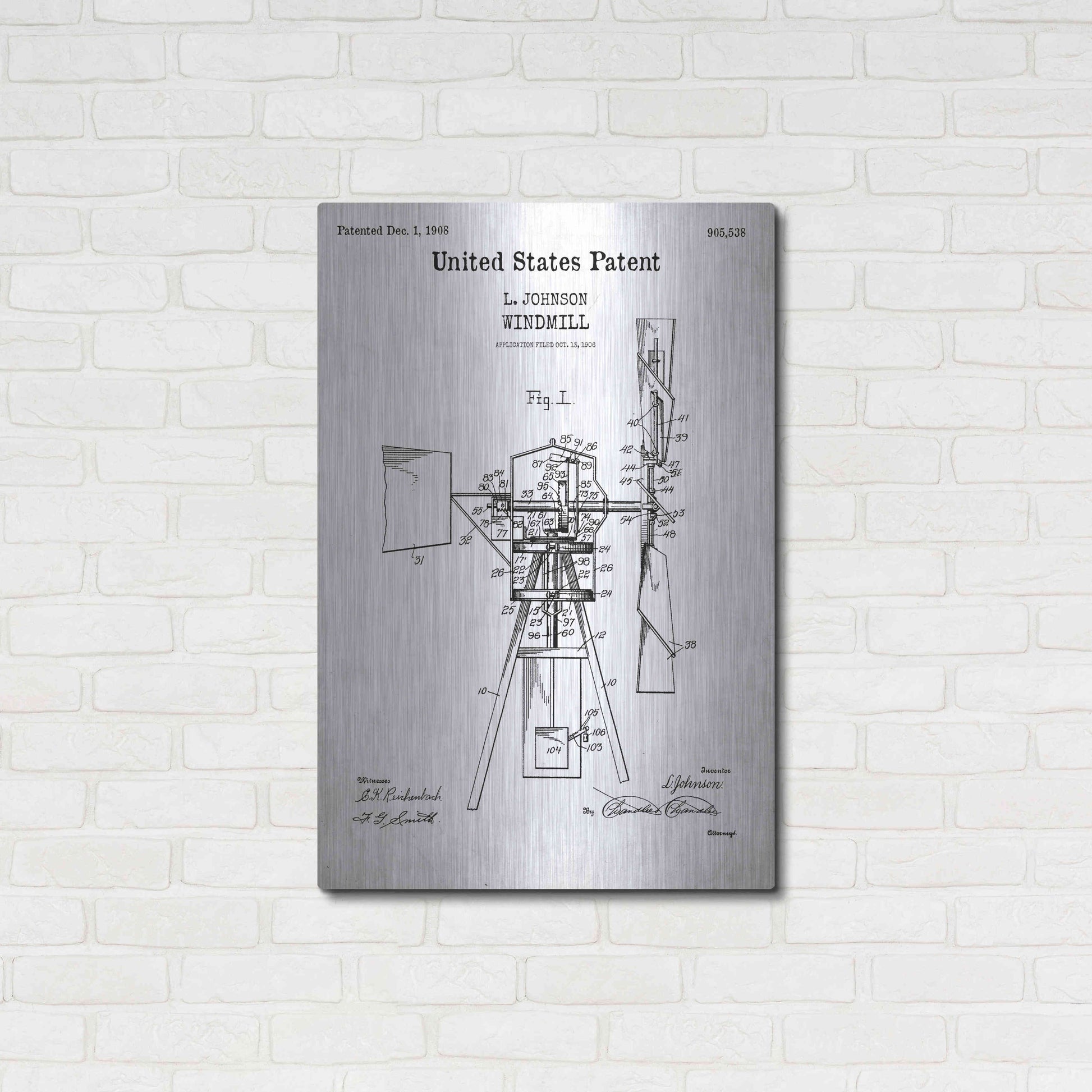 Luxe Metal Art 'Windmill Blueprint Patent White' Acrylic Glass Wall Art,24x36