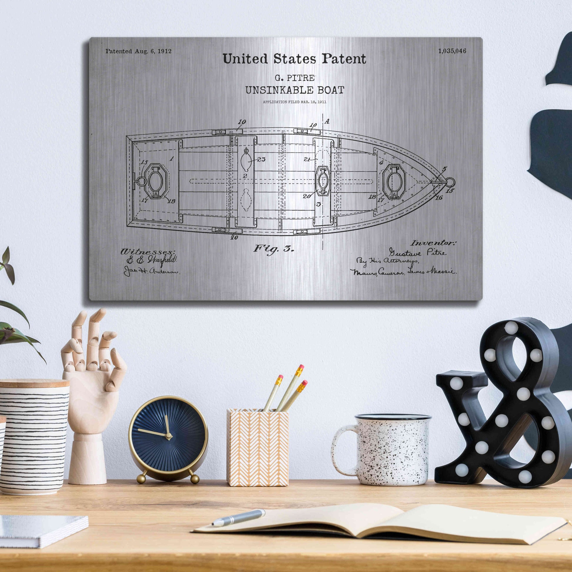 Luxe Metal Art 'Unsinkable Boat Blueprint Patent White' Acrylic Glass Wall Art,16x12