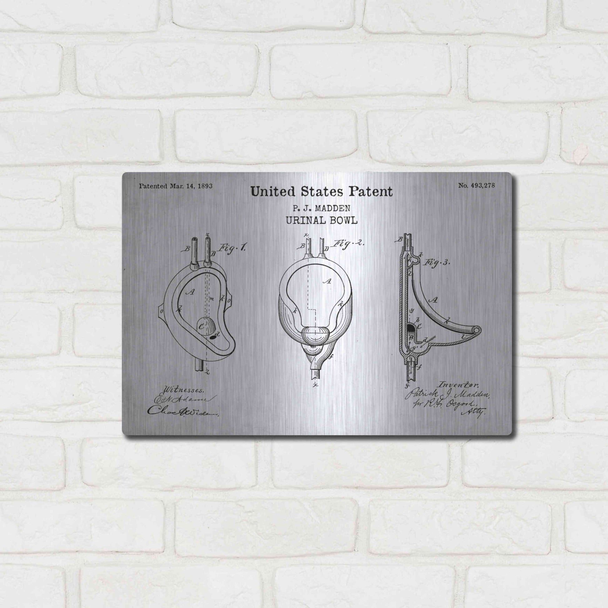 Luxe Metal Art 'Urinal Blueprint Patent White' Acrylic Glass Wall Art,16x12