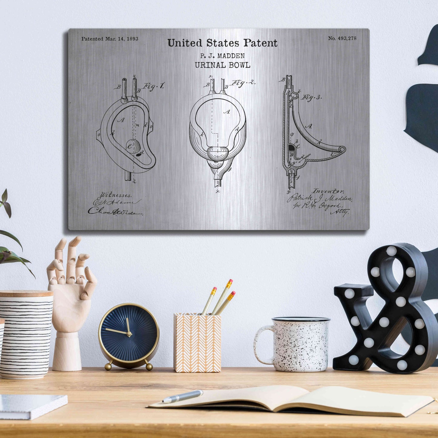 Luxe Metal Art 'Urinal Blueprint Patent White' Acrylic Glass Wall Art,16x12