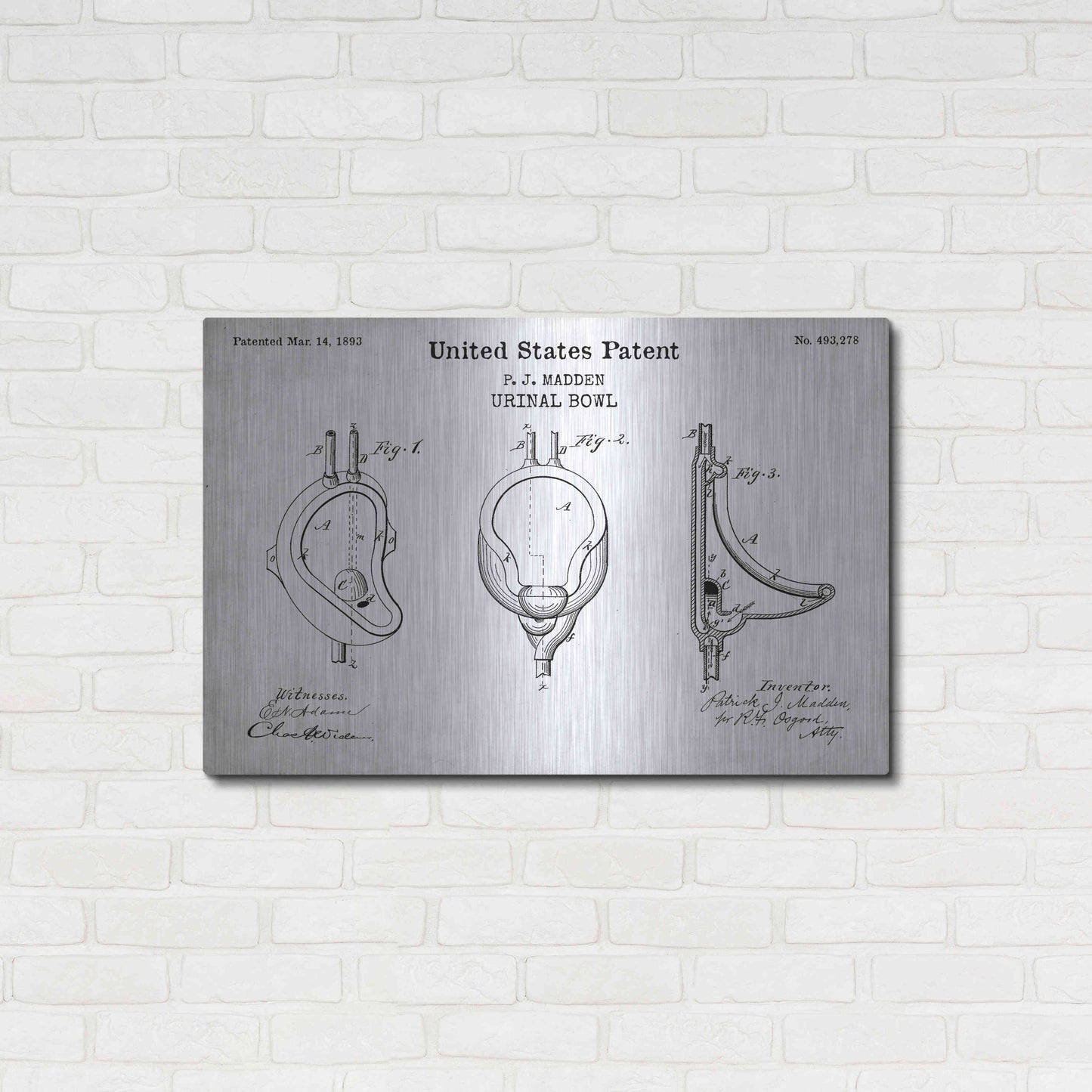 Luxe Metal Art 'Urinal Blueprint Patent White' Acrylic Glass Wall Art,36x24