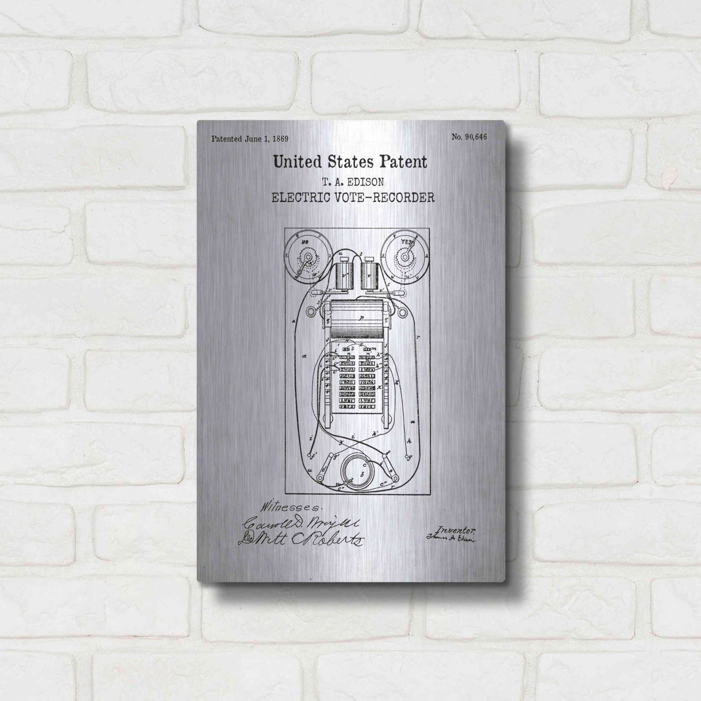 Luxe Metal Art 'Electric Vote-recorder Blueprint Patent White' Acrylic Glass Wall Art,12x16