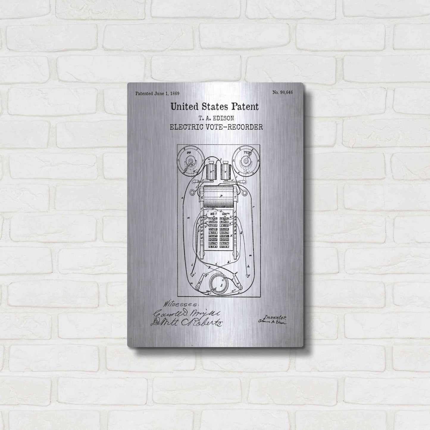 Luxe Metal Art 'Electric Vote-recorder Blueprint Patent White' Acrylic Glass Wall Art,16x24