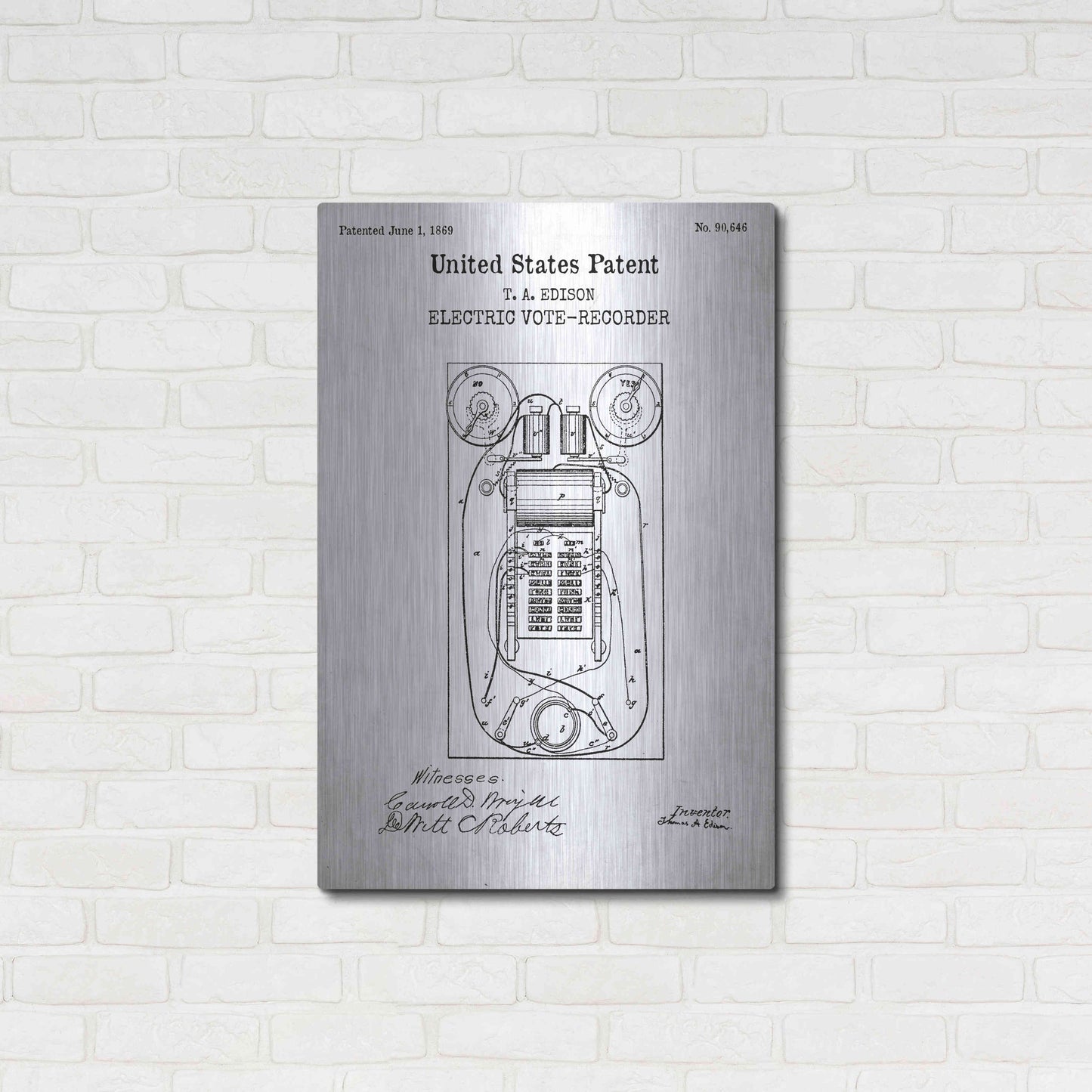 Luxe Metal Art 'Electric Vote-recorder Blueprint Patent White' Acrylic Glass Wall Art,24x36