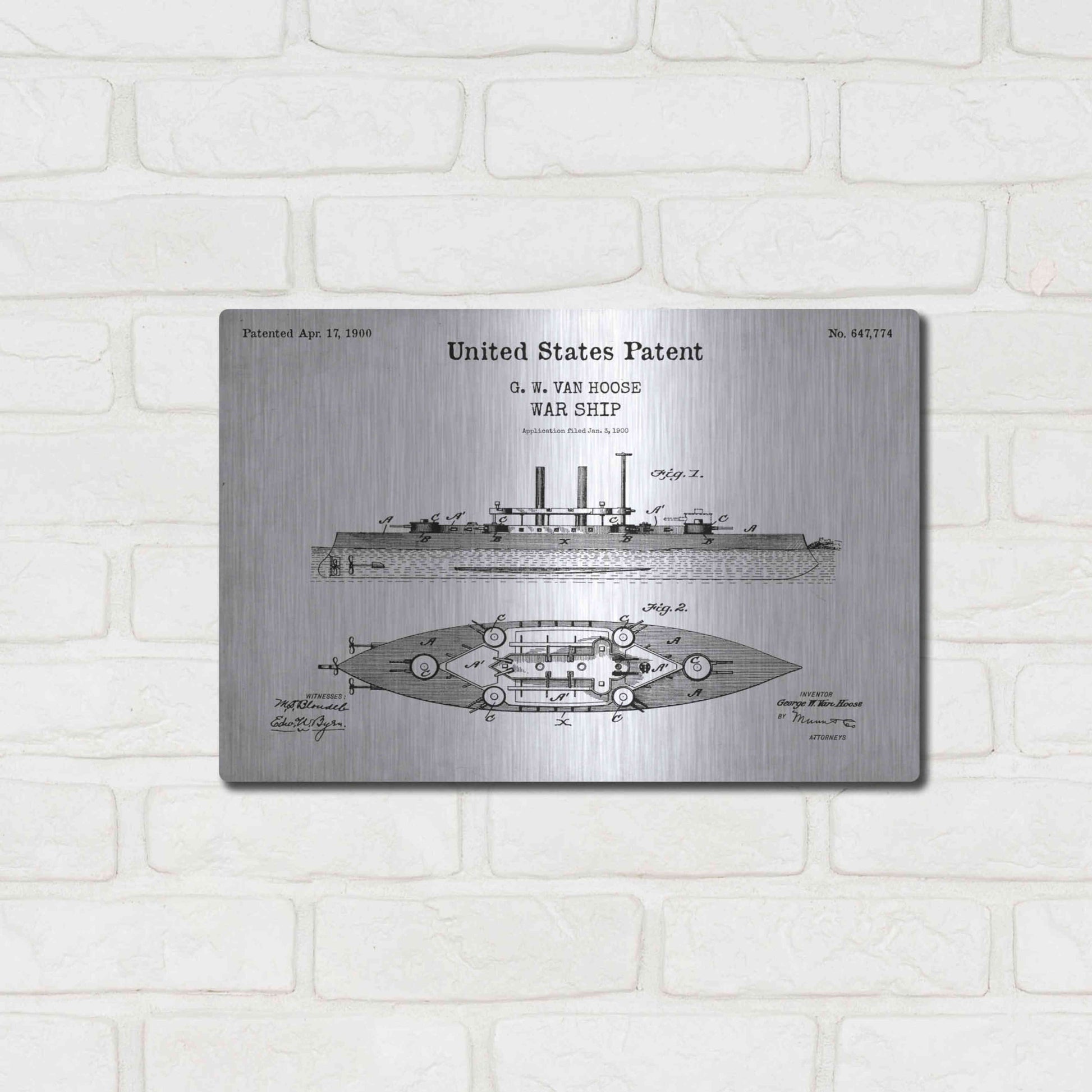 Luxe Metal Art 'War Ship Blueprint Patent White' Acrylic Glass Wall Art,16x12