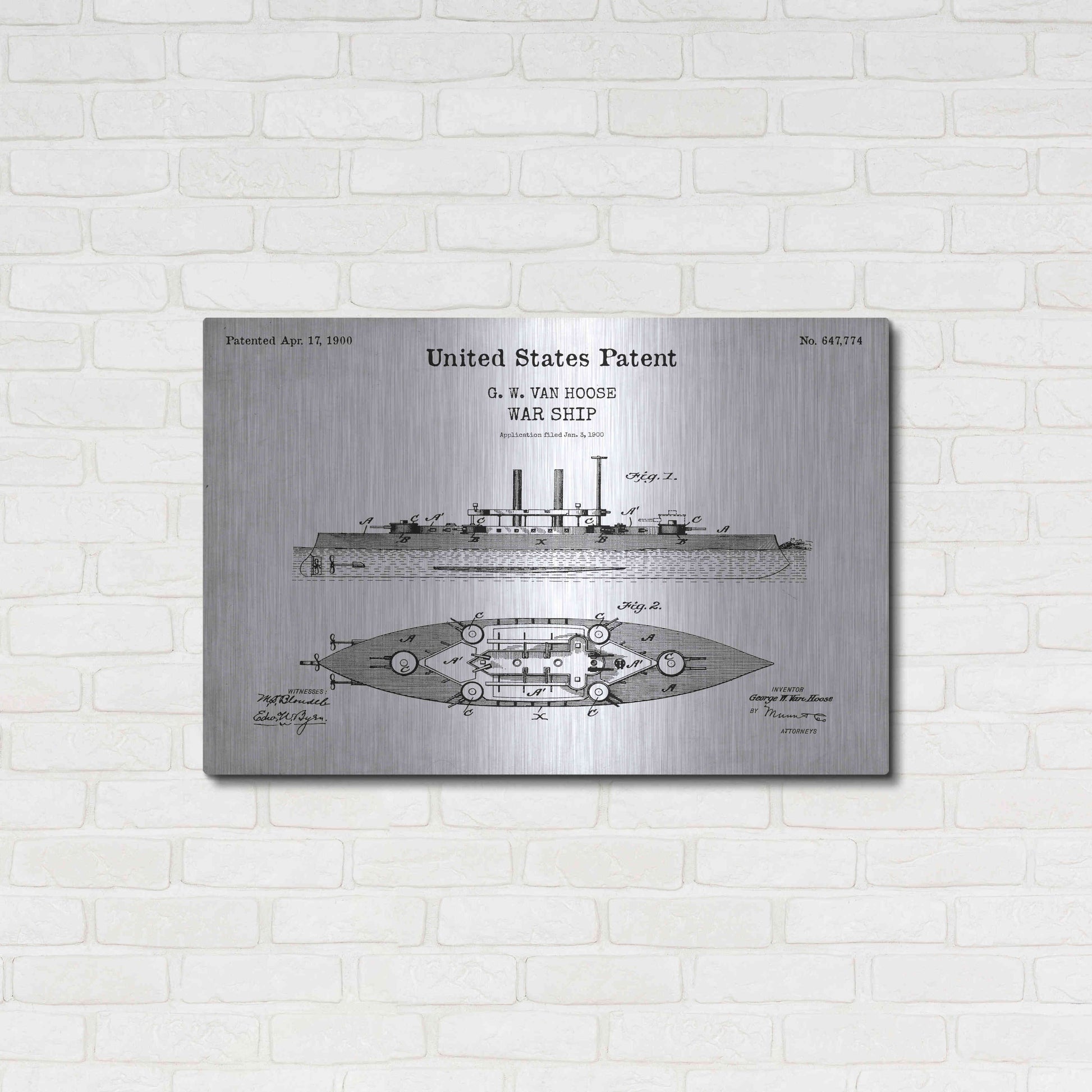 Luxe Metal Art 'War Ship Blueprint Patent White' Acrylic Glass Wall Art,36x24