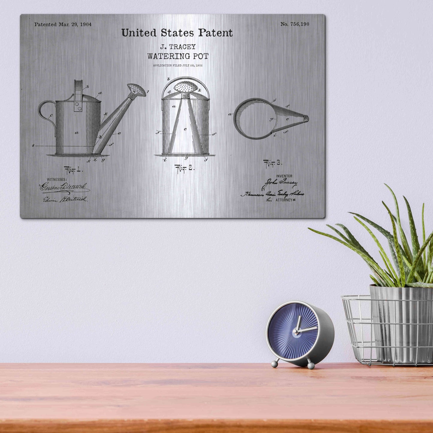 Luxe Metal Art 'Watering Can Blueprint Patent White' Acrylic Glass Wall Art,16x12