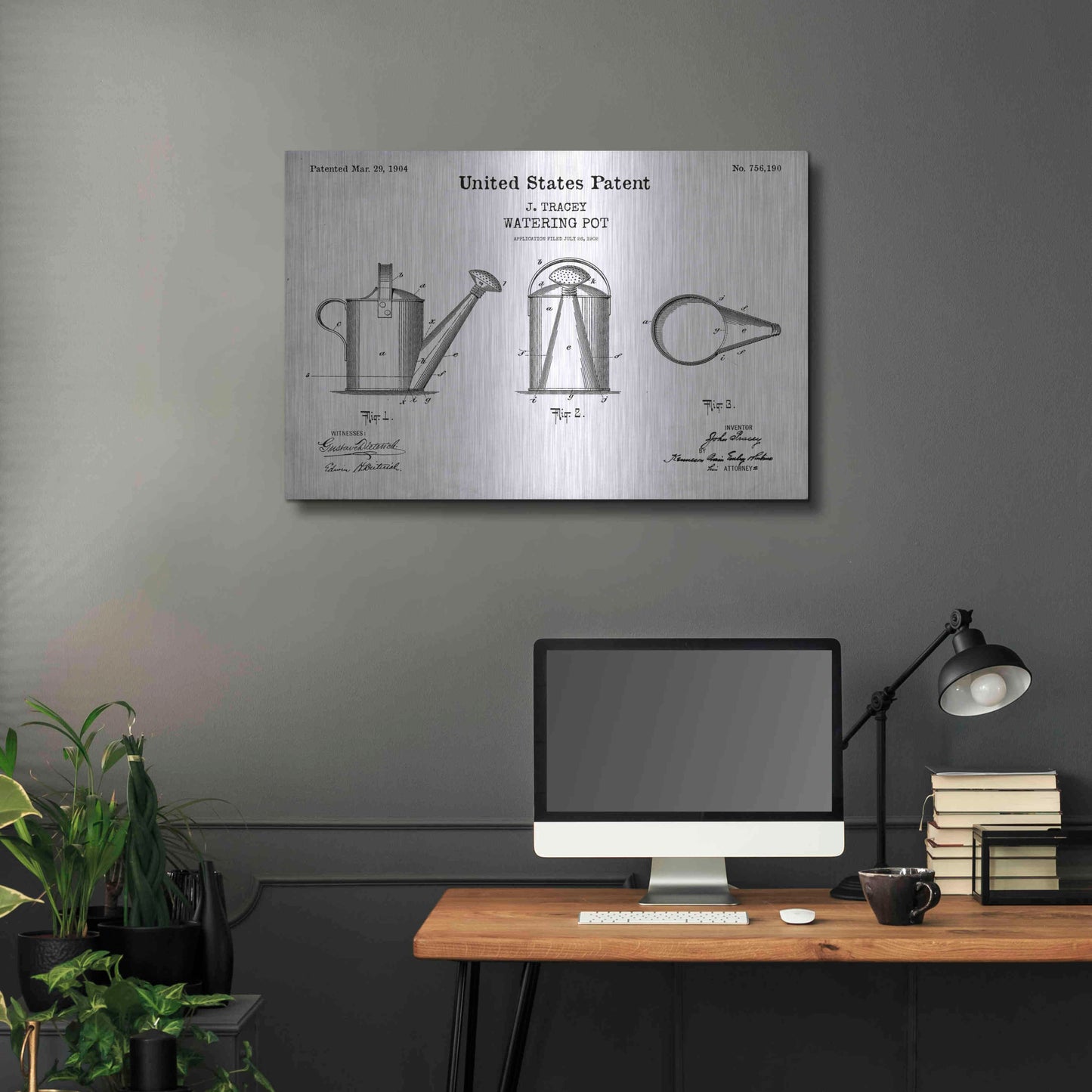 Luxe Metal Art 'Watering Can Blueprint Patent White' Acrylic Glass Wall Art,36x24