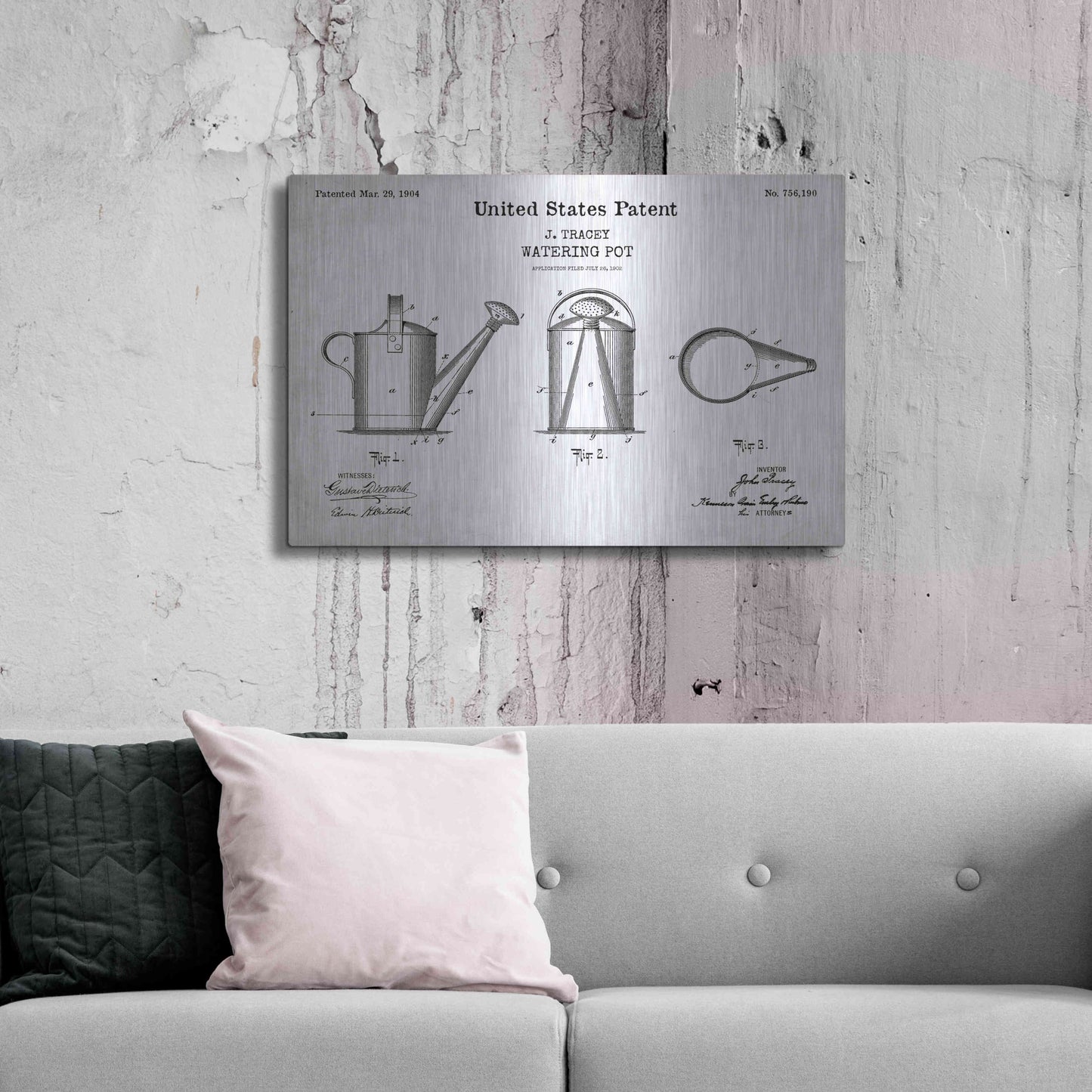 Luxe Metal Art 'Watering Can Blueprint Patent White' Acrylic Glass Wall Art,36x24