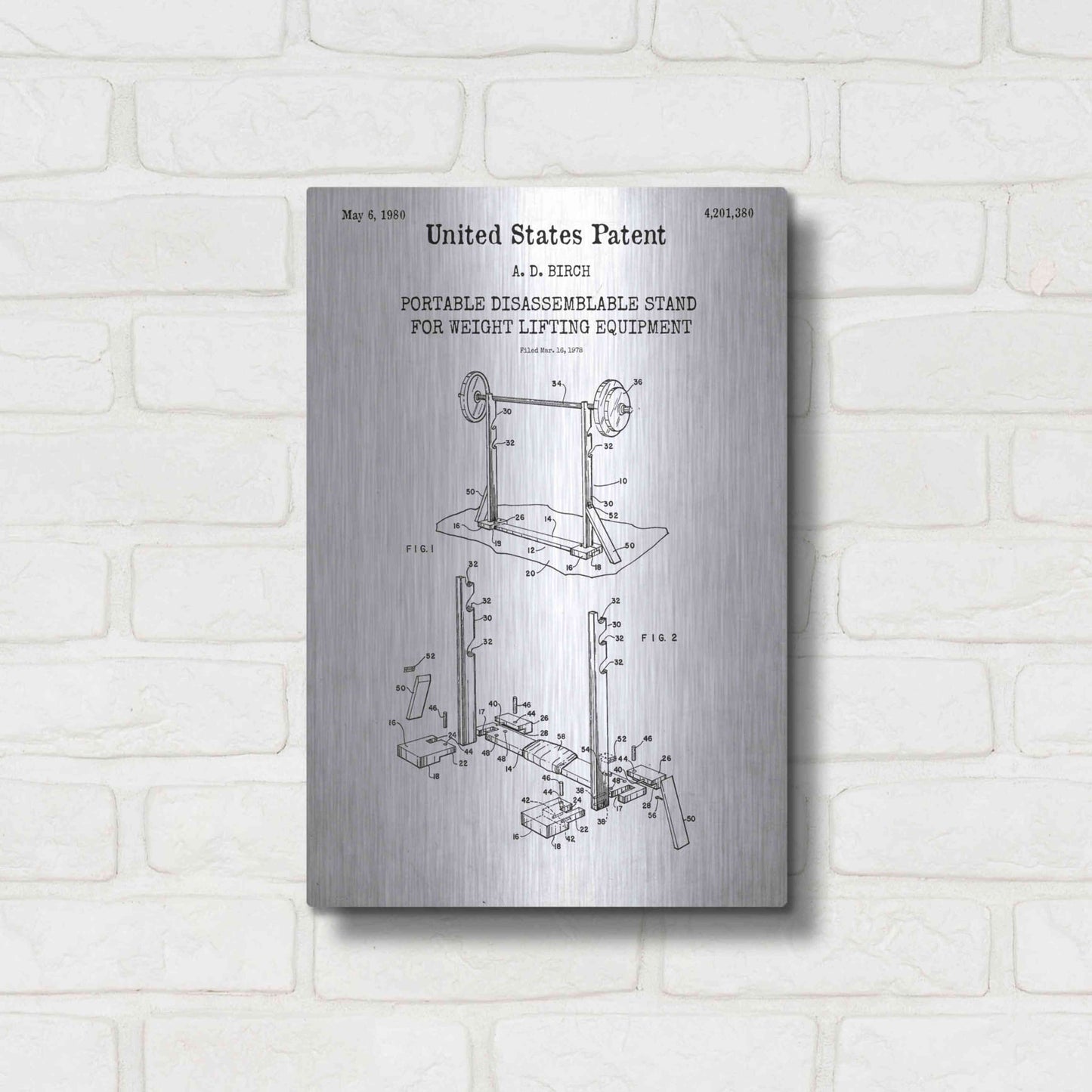 Luxe Metal Art 'Weight Lifting Equipment Blueprint Patent White' Acrylic Glass Wall Art,12x16