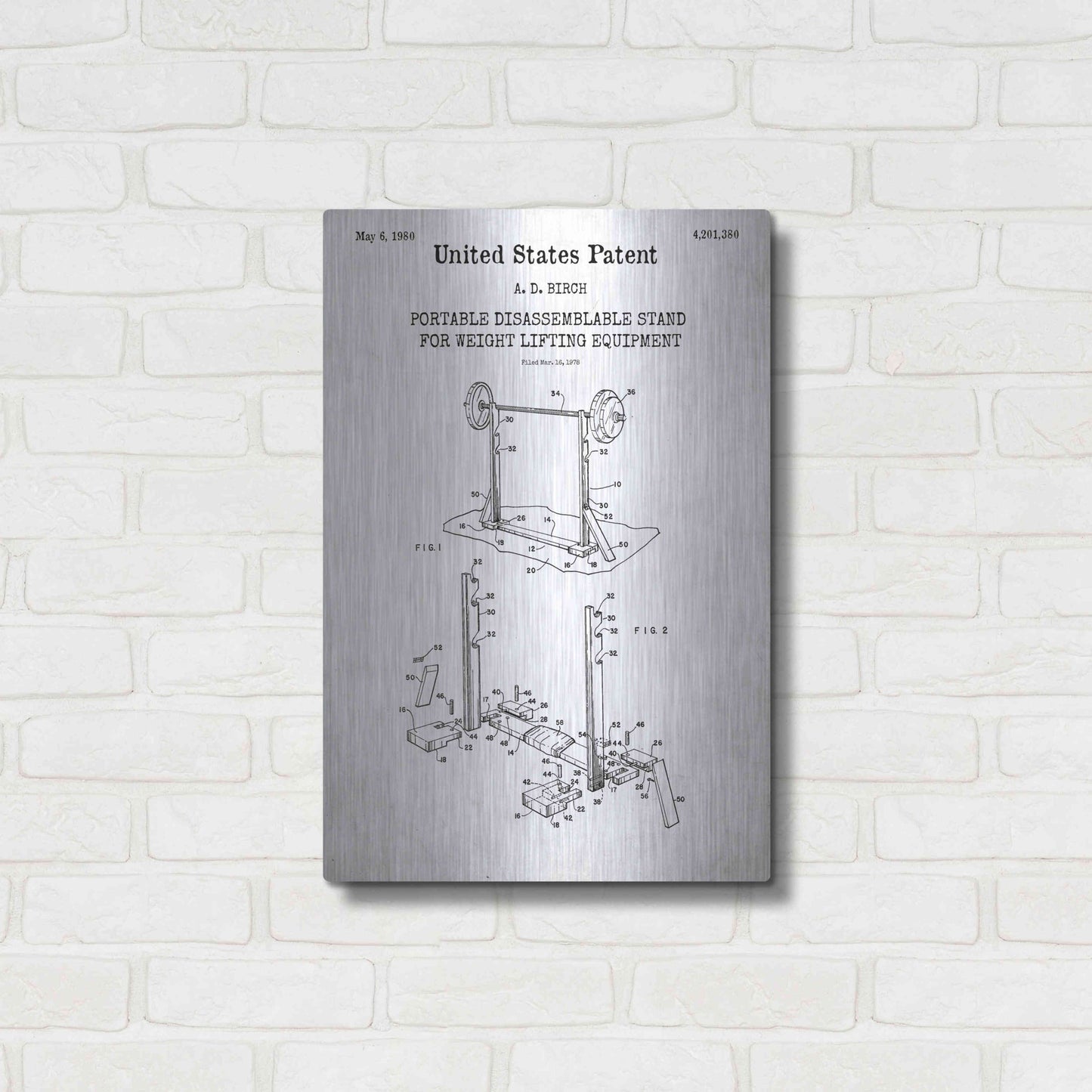 Luxe Metal Art 'Weight Lifting Equipment Blueprint Patent White' Acrylic Glass Wall Art,16x24