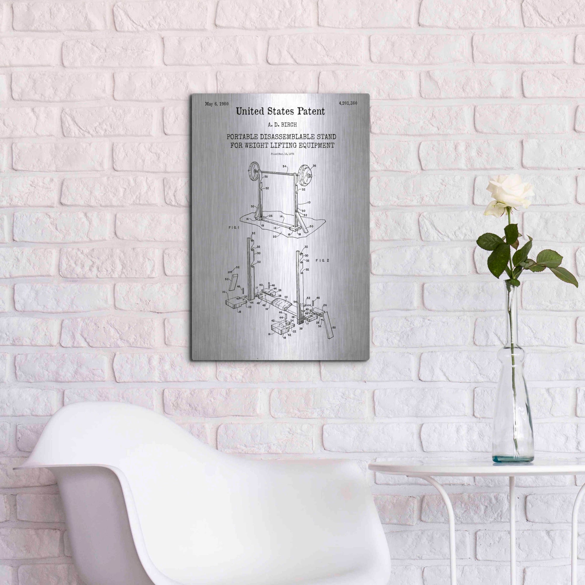 Luxe Metal Art 'Weight Lifting Equipment Blueprint Patent White' Acrylic Glass Wall Art,16x24