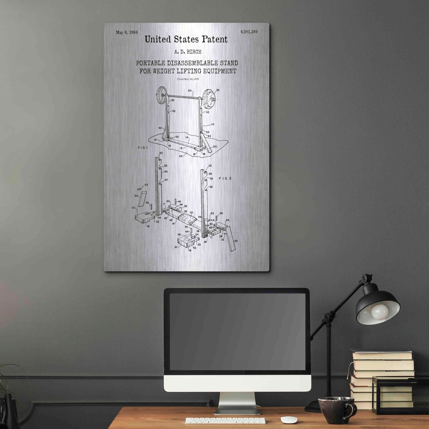 Luxe Metal Art 'Weight Lifting Equipment Blueprint Patent White' Acrylic Glass Wall Art,24x36