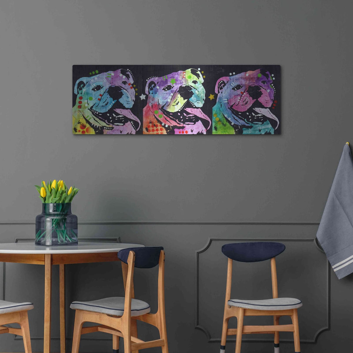 '3 Bulldogs' by Dean Russo – Metal Wall Art, 48x16 room view