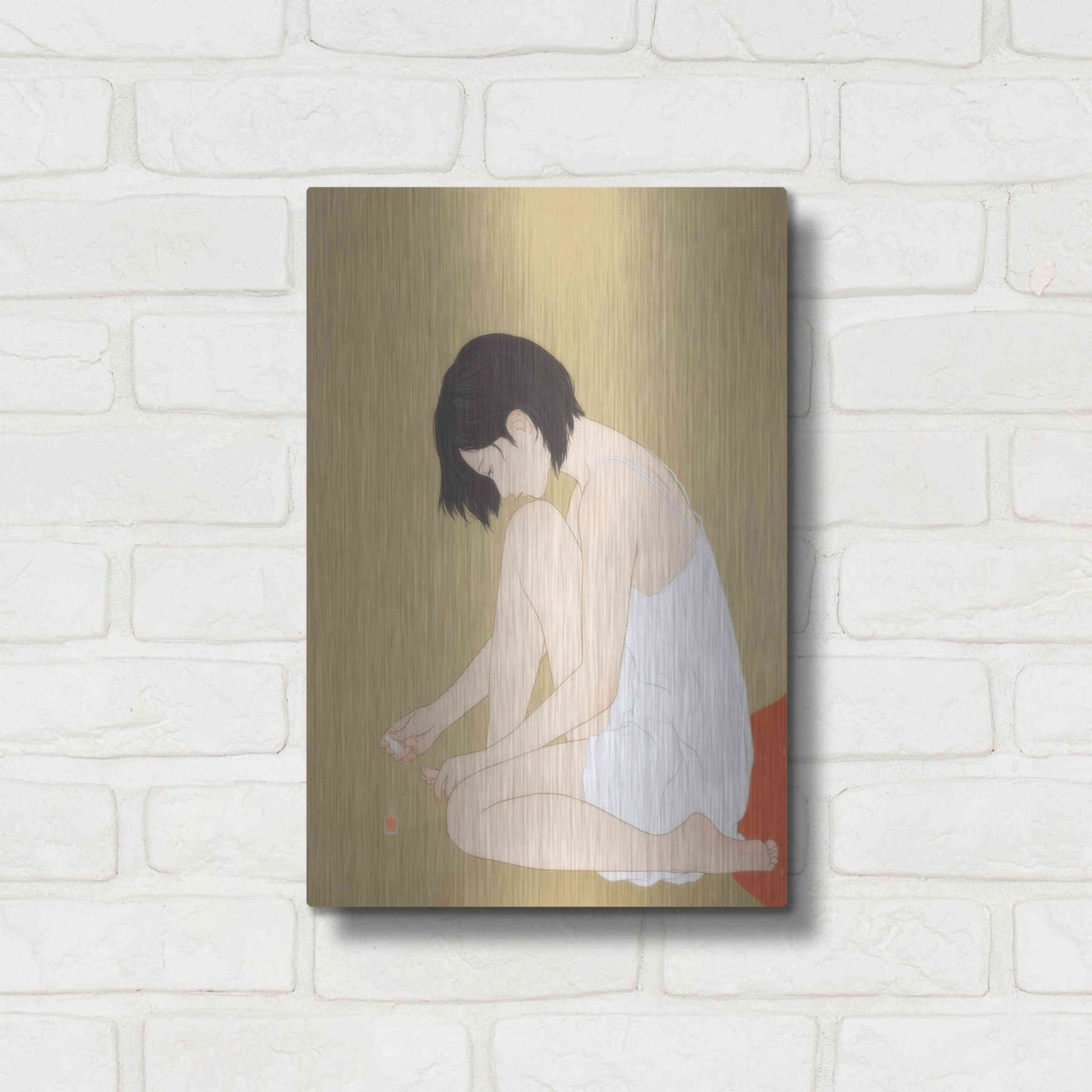 Luxe Metal Art 'A Woman Painting a Pedicure' by Sai Tamiya, Metal Wall Art,12x16