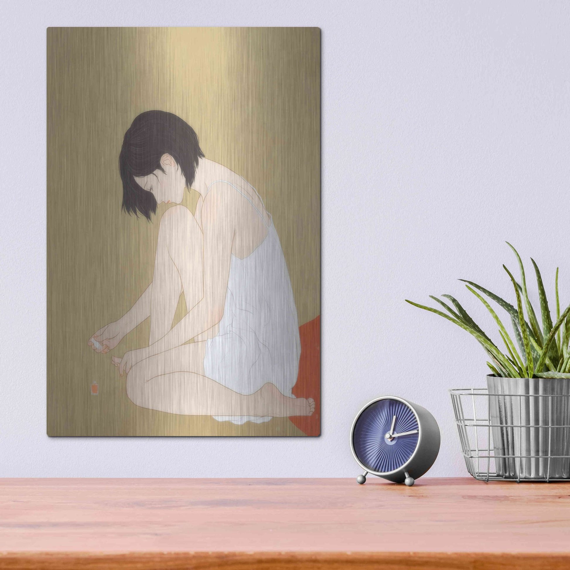 Luxe Metal Art 'A Woman Painting a Pedicure' by Sai Tamiya, Metal Wall Art,12x16