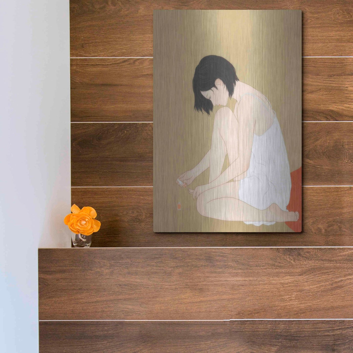 Luxe Metal Art 'A Woman Painting a Pedicure' by Sai Tamiya, Metal Wall Art,12x16