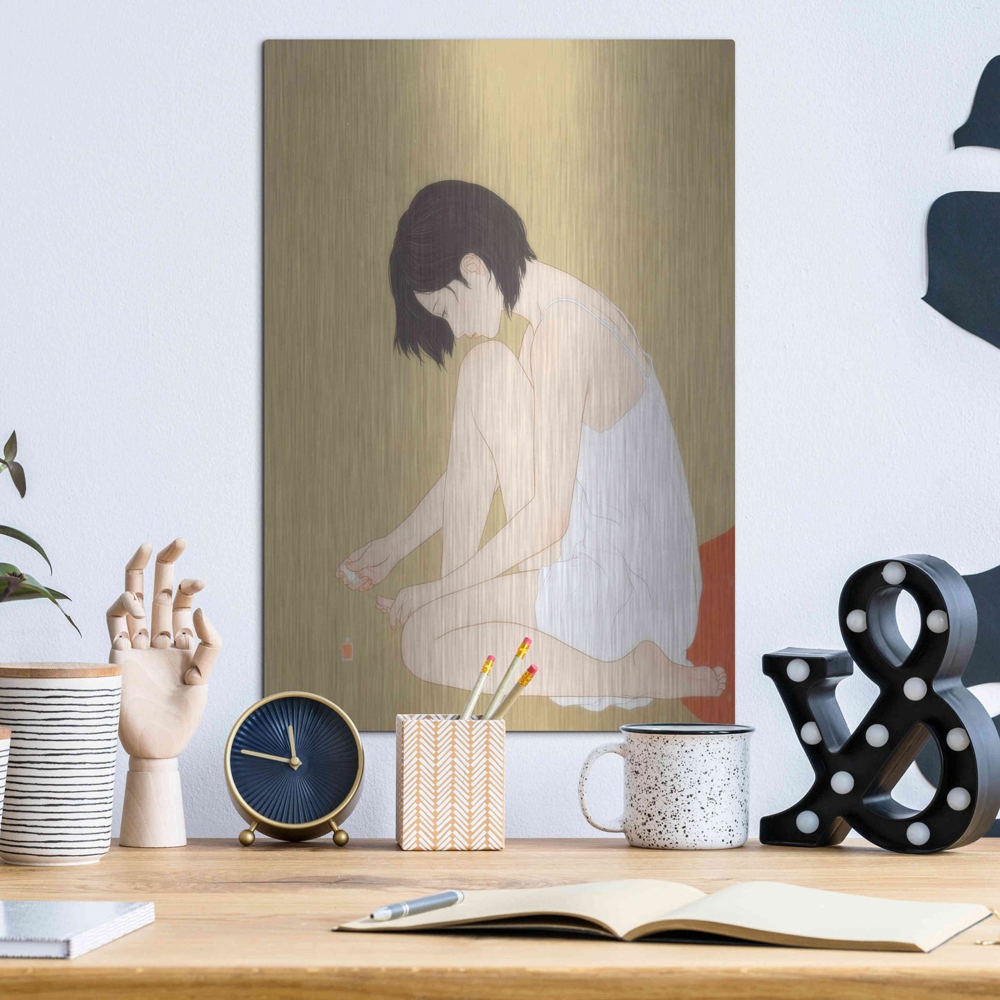 Luxe Metal Art 'A Woman Painting a Pedicure' by Sai Tamiya, Metal Wall Art,12x16