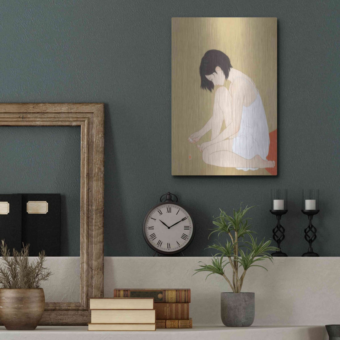 Luxe Metal Art 'A Woman Painting a Pedicure' by Sai Tamiya, Metal Wall Art,12x16