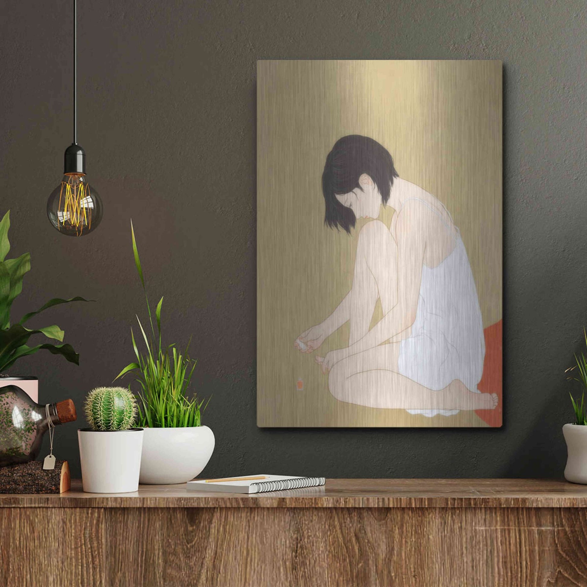 Luxe Metal Art 'A Woman Painting a Pedicure' by Sai Tamiya, Metal Wall Art,12x16