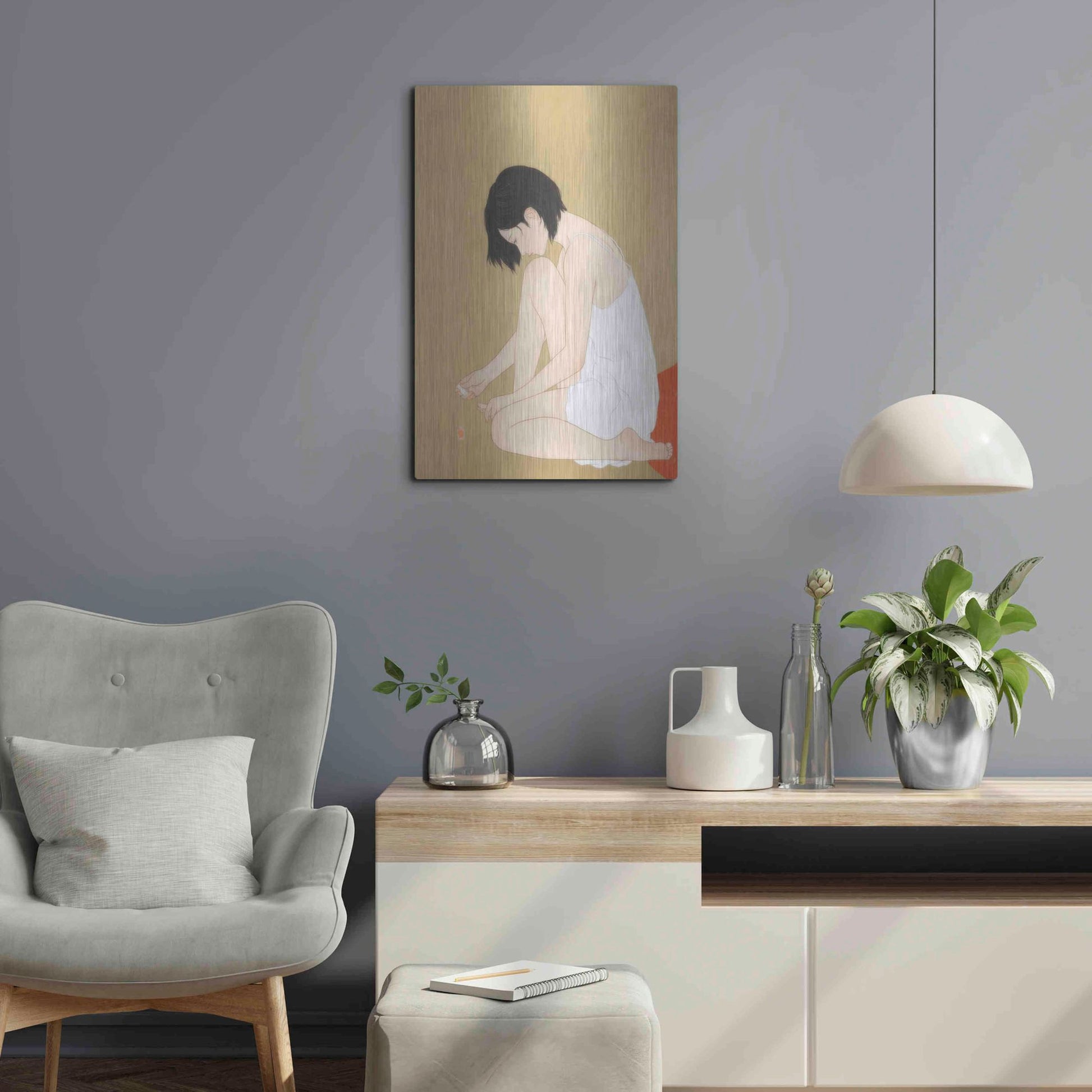 Luxe Metal Art 'A Woman Painting a Pedicure' by Sai Tamiya, Metal Wall Art,16x24