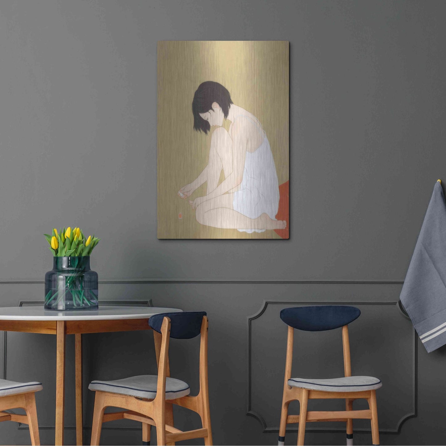 Luxe Metal Art 'A Woman Painting a Pedicure' by Sai Tamiya, Metal Wall Art,24x36