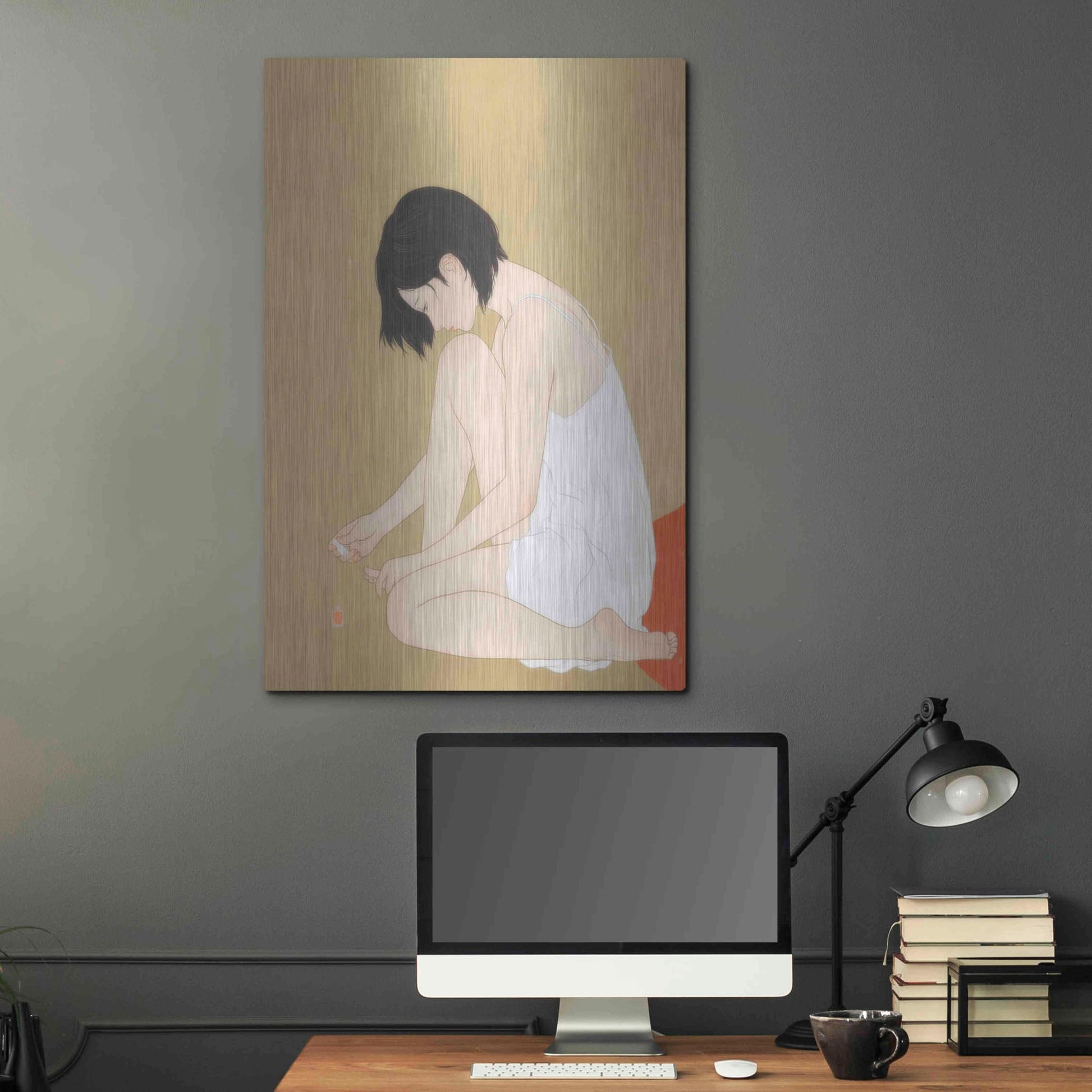 Luxe Metal Art 'A Woman Painting a Pedicure' by Sai Tamiya, Metal Wall Art,24x36