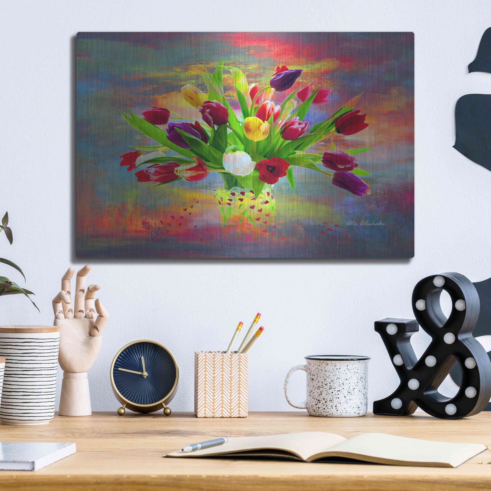 Luxe Metal Art 'Colorful Flowers 2' by Ata Alishahi, Metal Wall Art,16x12