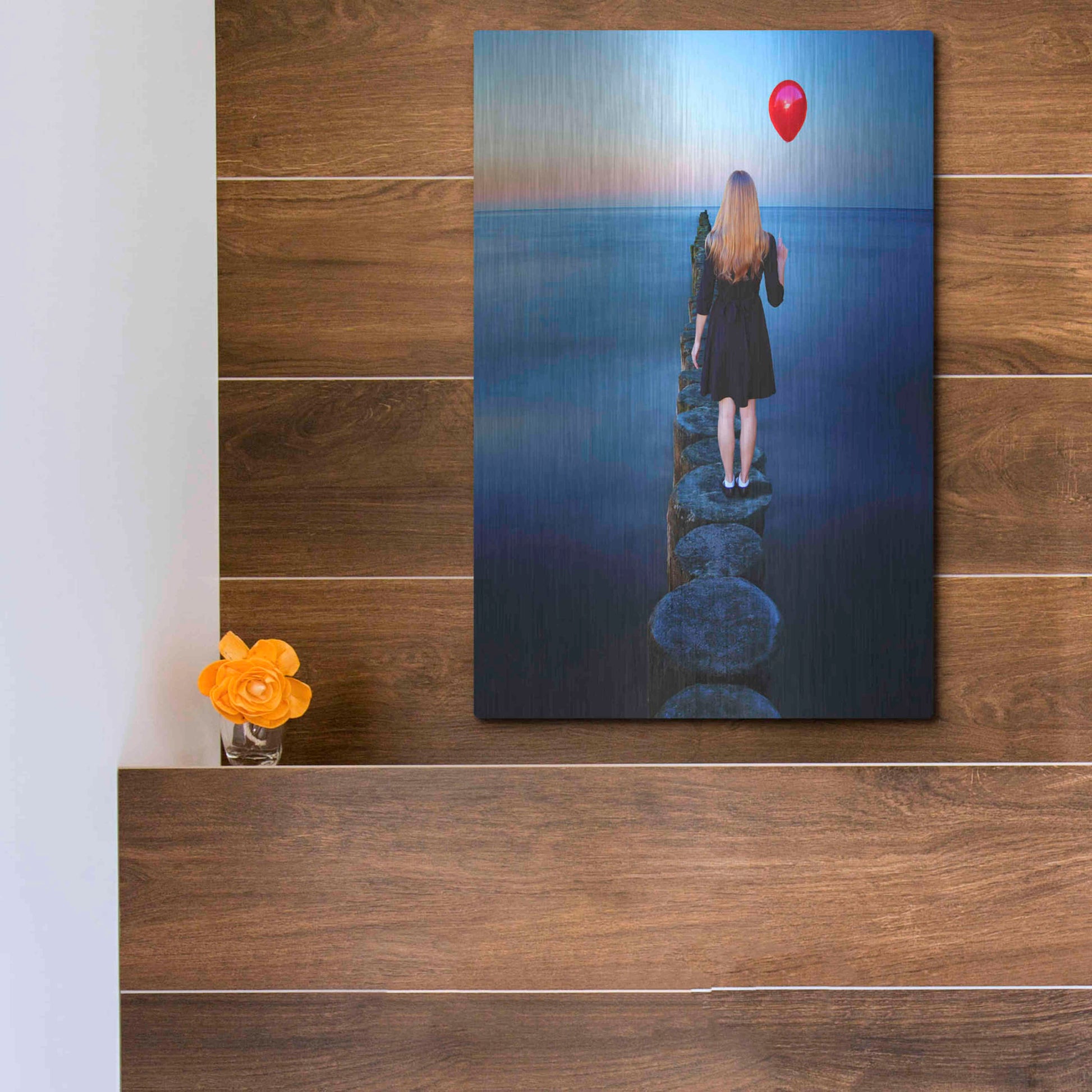 Luxe Metal Art 'A Girl And Red Balloon' by Ata Alishahi, Metal Wall Art,12x16