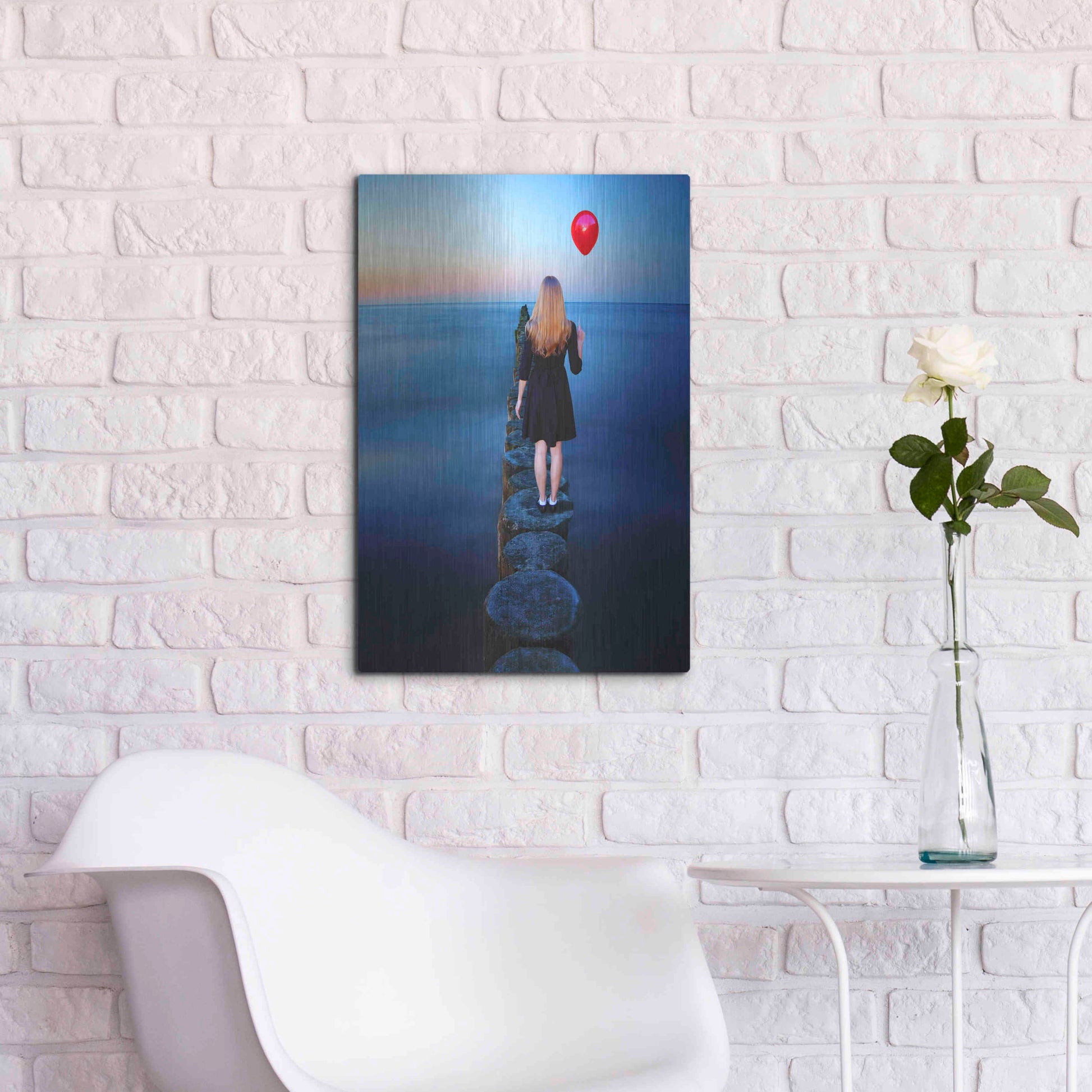 Luxe Metal Art 'A Girl And Red Balloon' by Ata Alishahi, Metal Wall Art,16x24