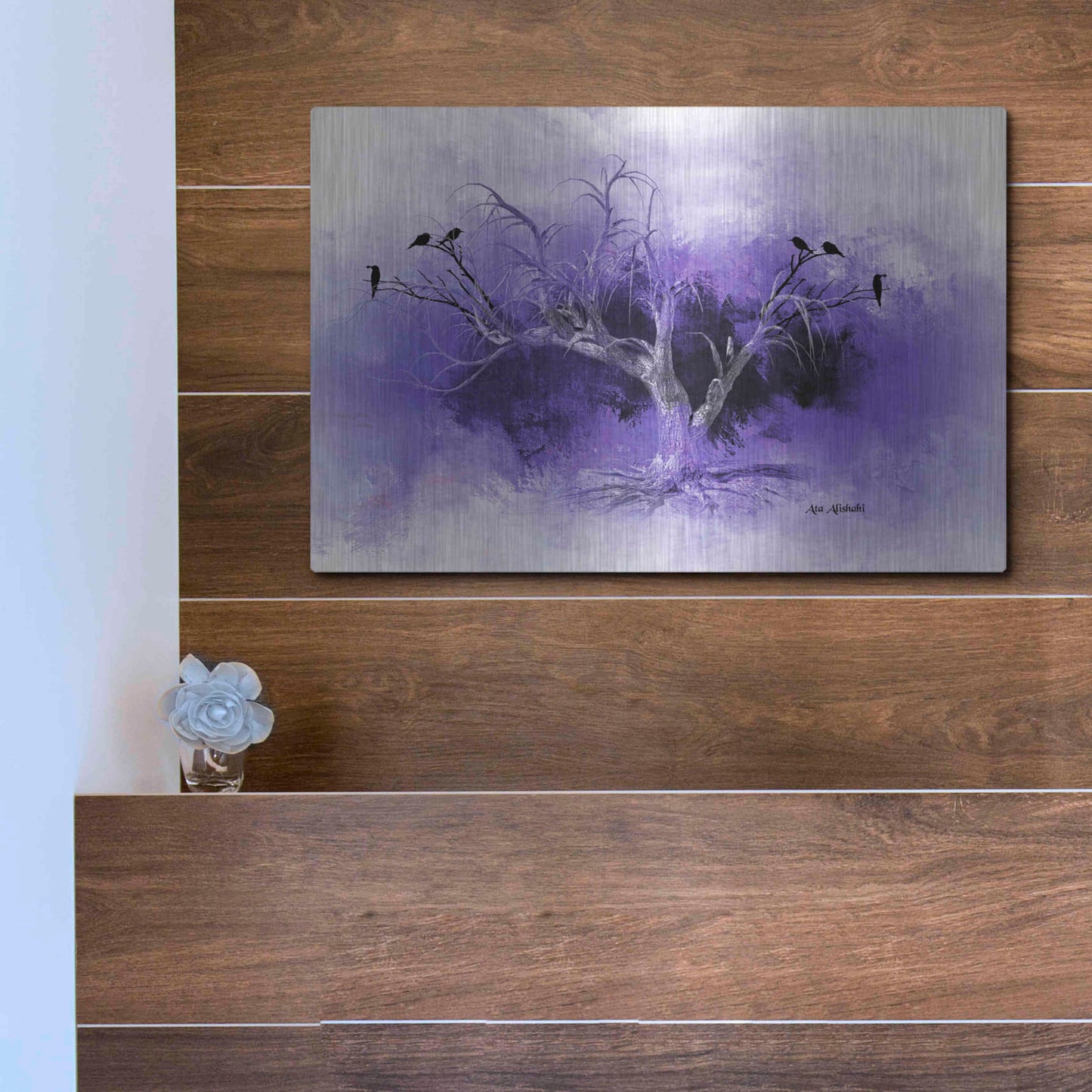 Luxe Metal Art 'Dead Tree And Black Birds' by Ata Alishahi, Metal Wall Art,16x12