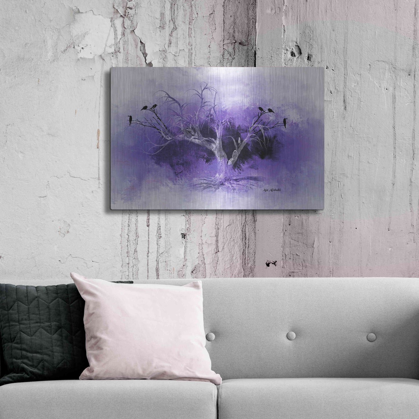 Luxe Metal Art 'Dead Tree And Black Birds' by Ata Alishahi, Metal Wall Art,36x24