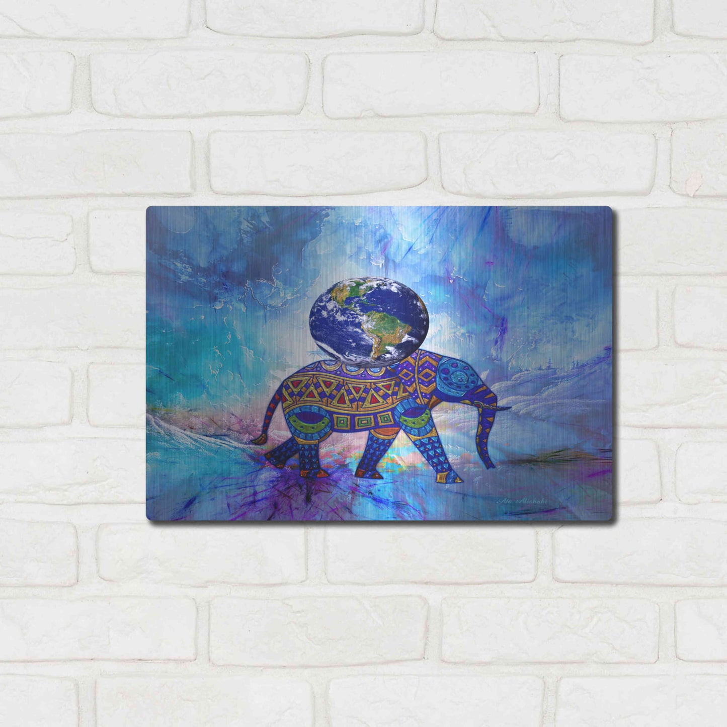 Luxe Metal Art 'Earth On Elephant' by Ata Alishahi, Metal Wall Art,16x12